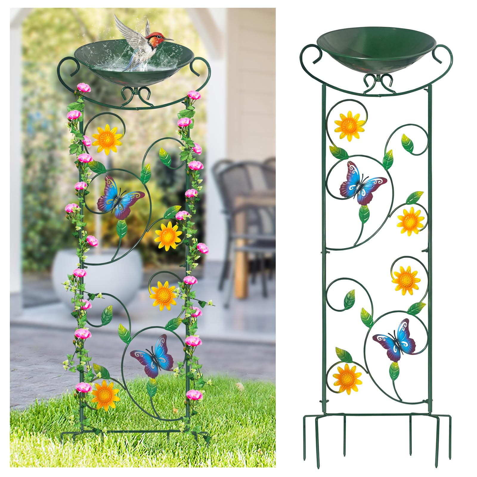 HONGLAND Metal Bird Bath with Trellis, 35" Outdoor Garden Birdbath with Detachable Bowl & Climbing Plant Support, Decorative Bird Feeder Station with