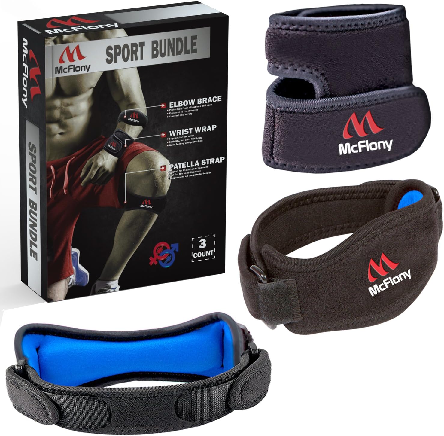 Tennis Elbow Brace & Patella Strap & Wrist Wrap by Mc Flony - Elbow Support, Knee Support & Pain Relief with Compression Pad for Tennis & Golfer's Elbow Black & Green, Unisex, Set of 3