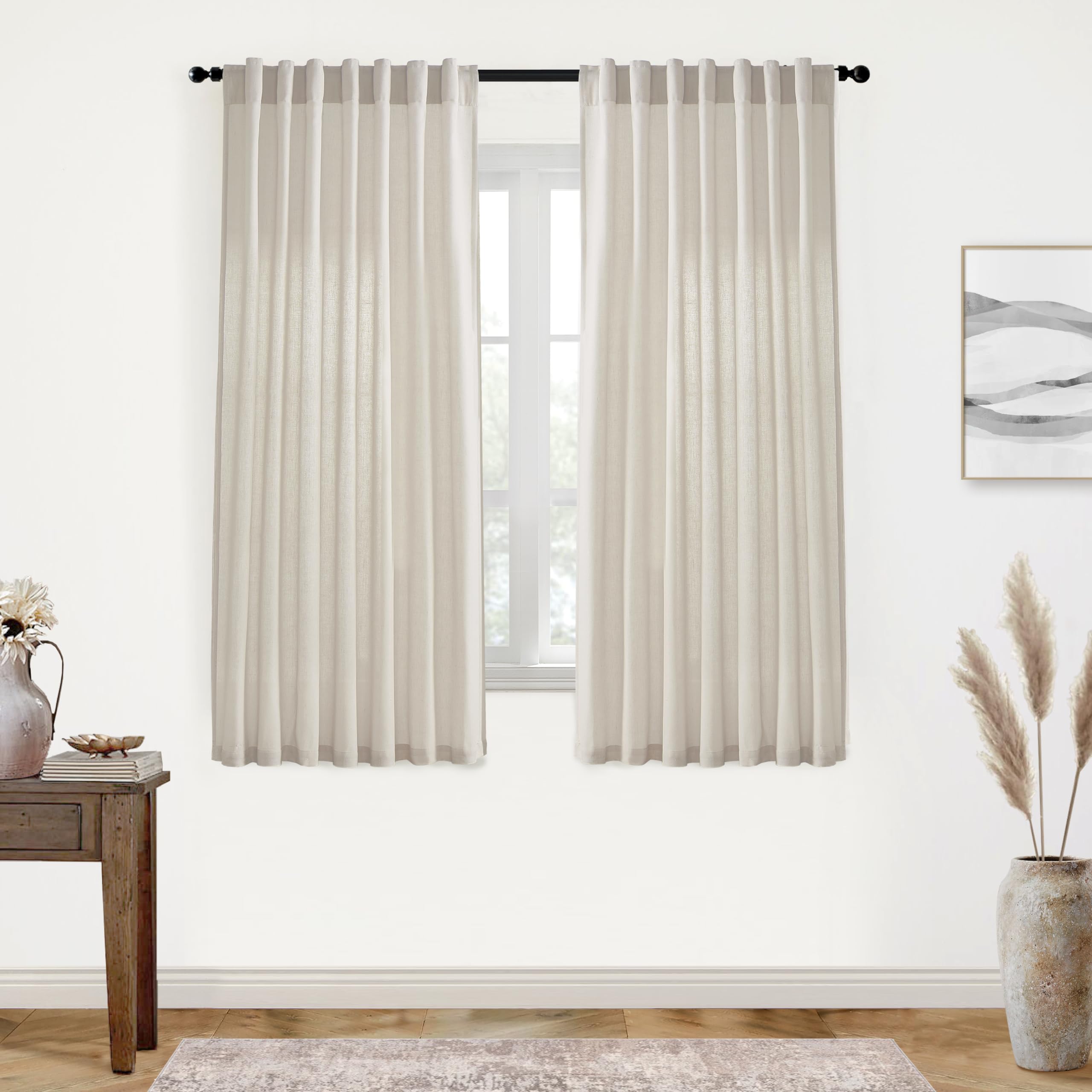 XTMYI Oatmeal Beige Back Tab/Hook Belt Linen Cotton Sheer Curtains 63 Inch Length for Bedroom Living Room