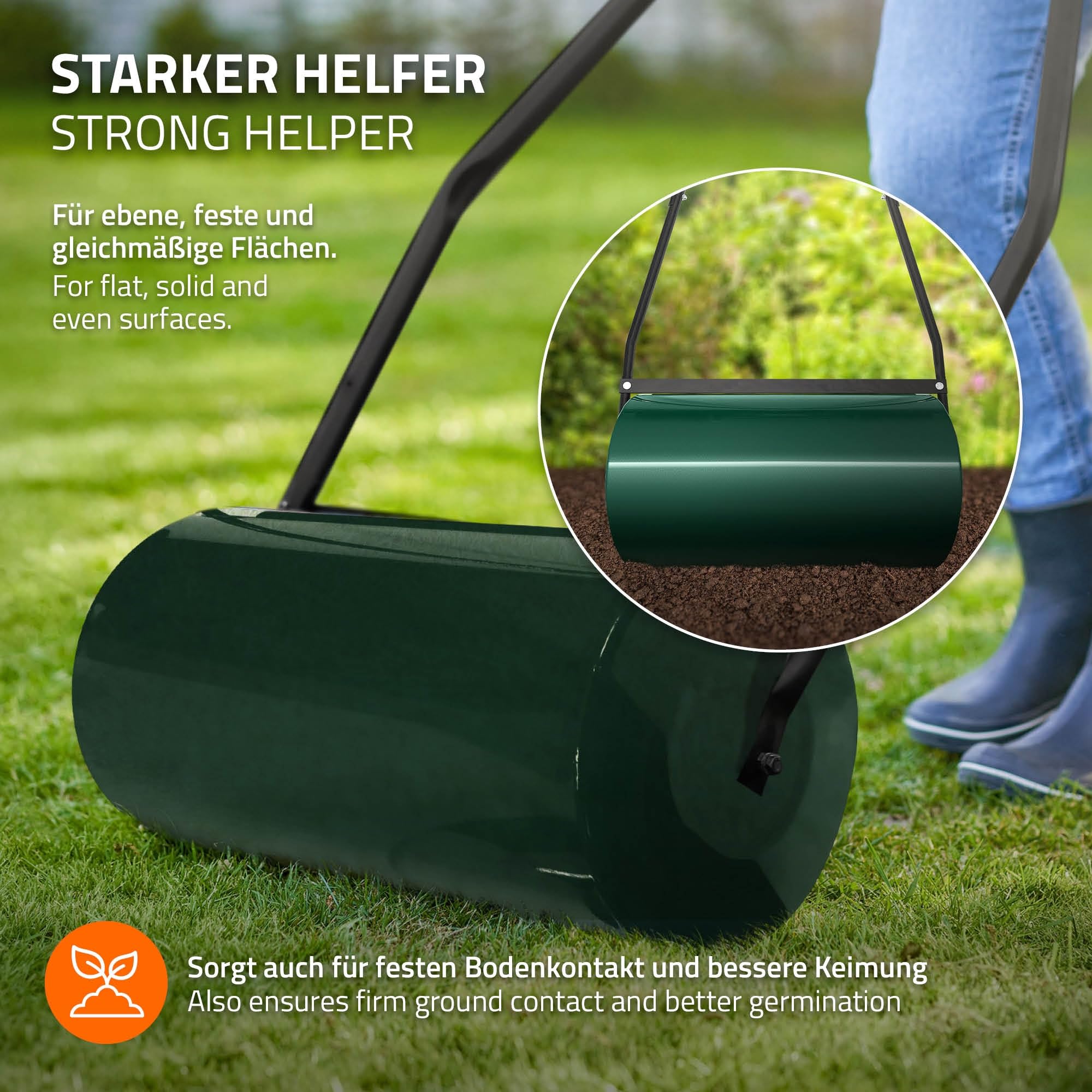 ECD Germany Walec do trawnika napelniany woda lub piaskiem 50 l stalowy reczny do zageszczania podloza i gleby szerokosc 59,5 cm srednica Ø31,5 cm zielony walec ogrodowy z oslona przeciwblotna