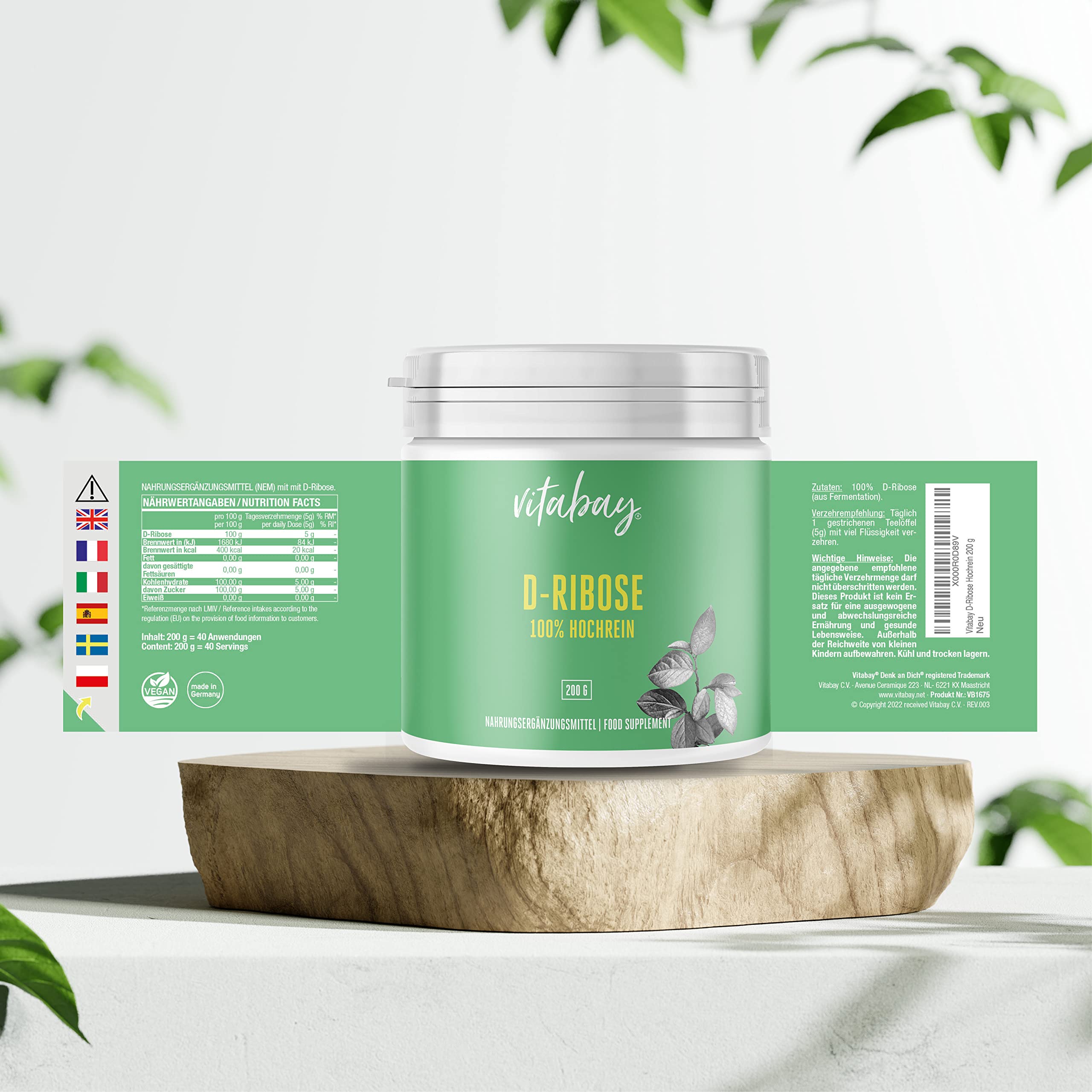 Vitabay D-Ribose Pulver 200 g | Natürlich aus Fermentation | 100% natürlich & vegan | Rein & ohne Zusätze | Laborgeprüft & hergestellt aus hochwertigen Rohstoffen