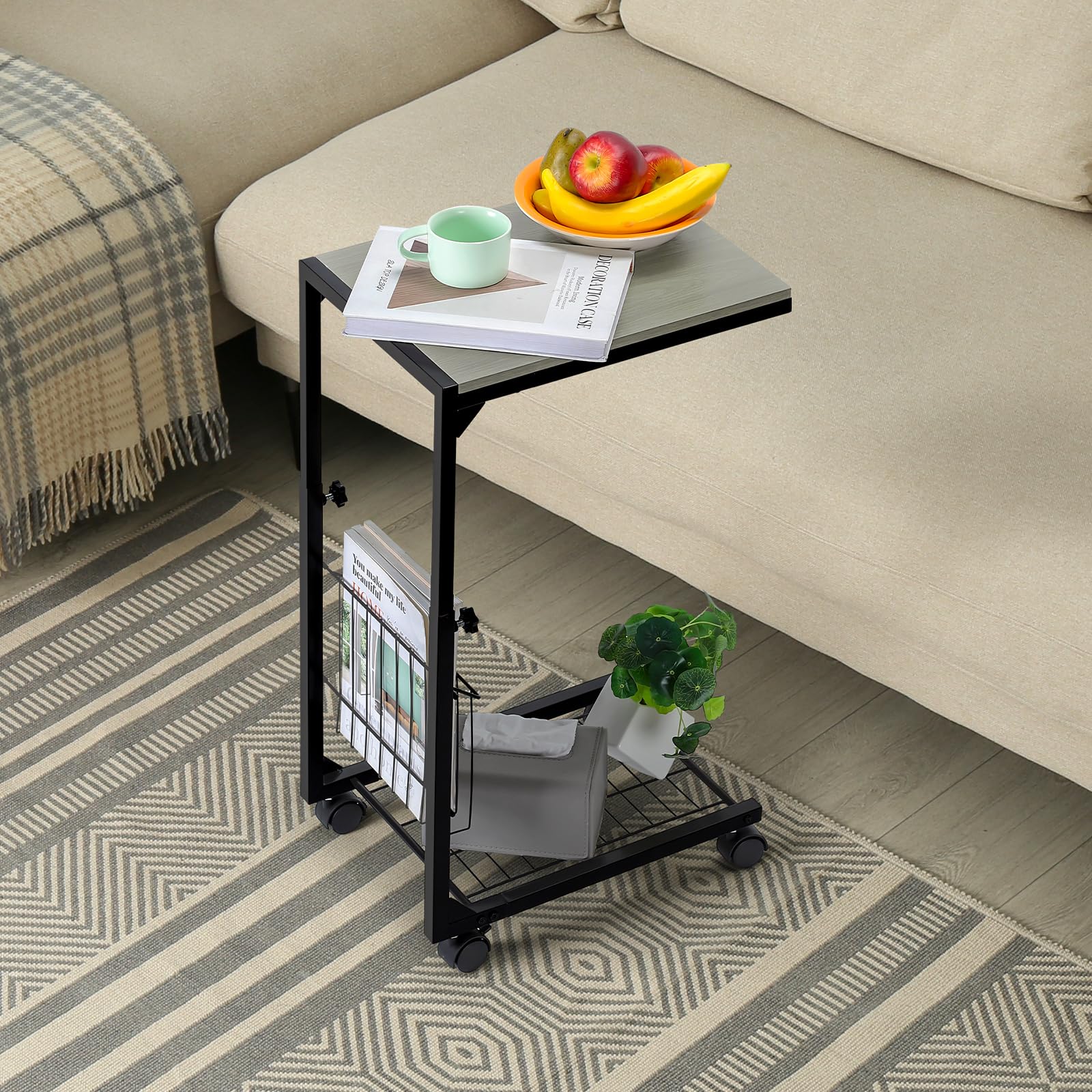 C Shaped Side Table 2-Tier Gray Adjustable Table from 20.9in to 33.7in