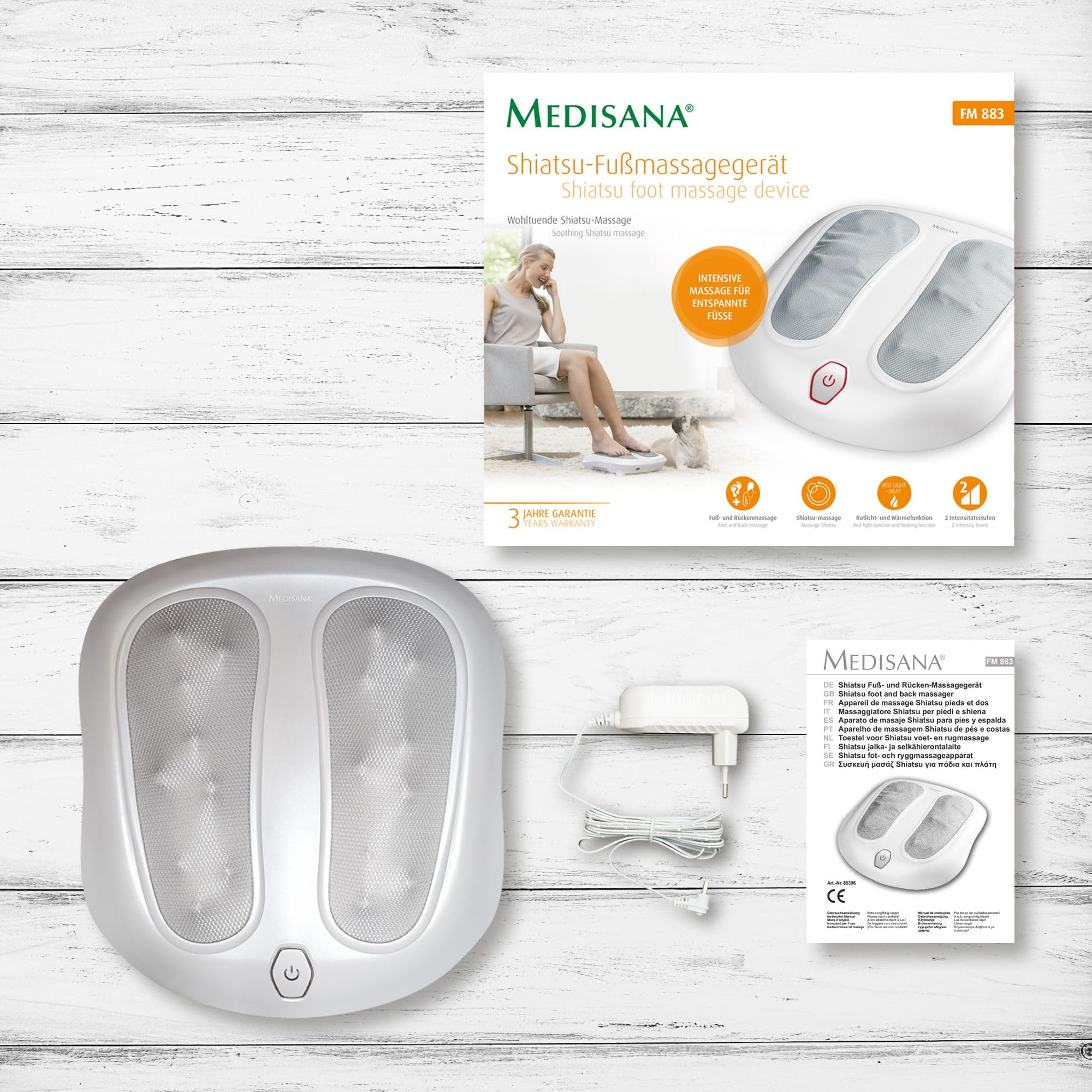 medisana FM 883 masseur de pieds shiatsu avec fonction chaleur | appareil de massage électrique pour pieds et dos, 18 têtes de massage, fonction lumière rouge, 2 vitesses