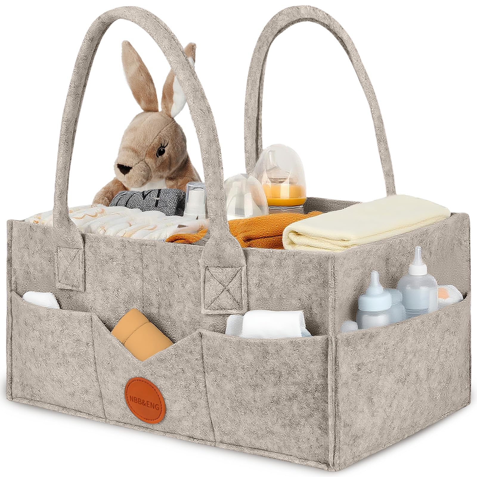 Nbbeng Men's Brown Baby Essentials For Newborn Nappy Caddy Organiser, Baby Shower Gifts With Long Handles Detachable Compartts, Essentials Nappy Bin Nursery Diaper Organizer, Portable Nursery Storage Basket (Brown)