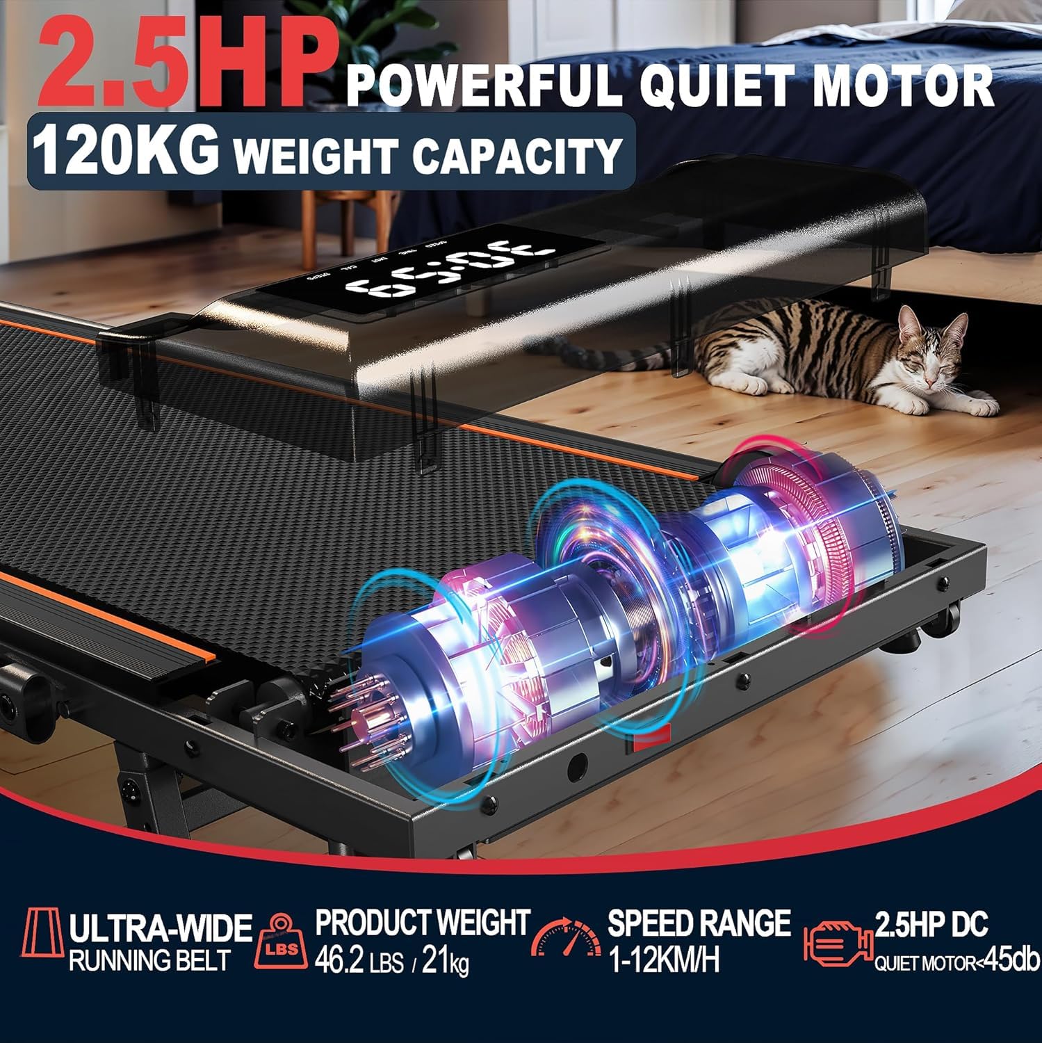 Cinta de Correr Plegable, Walking Pad con Motor de 2,5CV, 120 kg de Capacidad de Carga, Velocidad de 1-12 km/h, con Pendiente, Banda de Rodadura de 7 Capas, sin Necesidad de instalación