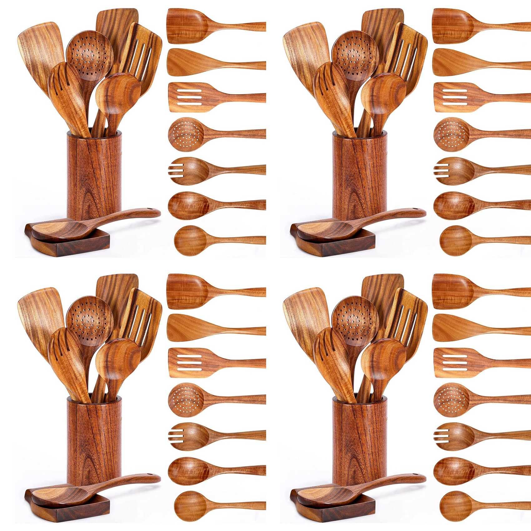 Hndhbfgrt 36 PCS Wooden Spoons for Cooking, Wooden Utensils for Cooking with Utensils Holder, Teak Wooden Kitchen Utensils Set