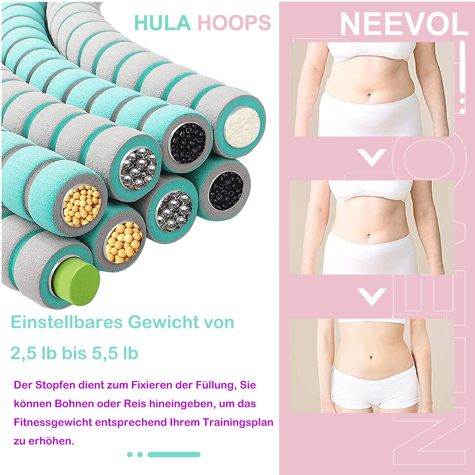 Hula Hoop Reifen für Erwachsene Fitness, verbessertes 1 kg verstellbares gewichtetes Hula-Hoop-Set für Übungen zur Gewichtsreduktion Workout Training (Grün, 8 Knoten)
