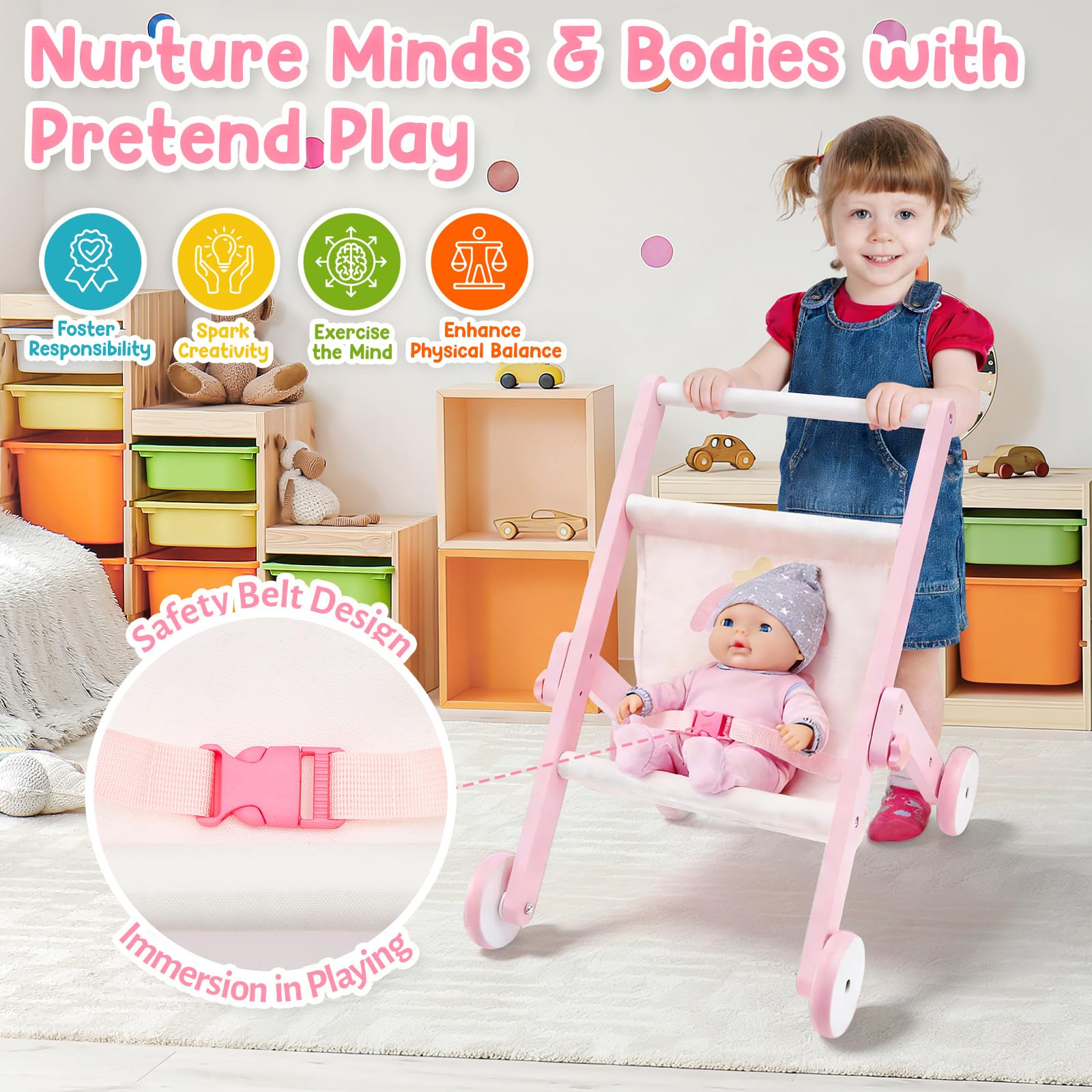 FUNLIO Holz-Puppenwagen für Babys – Rosa