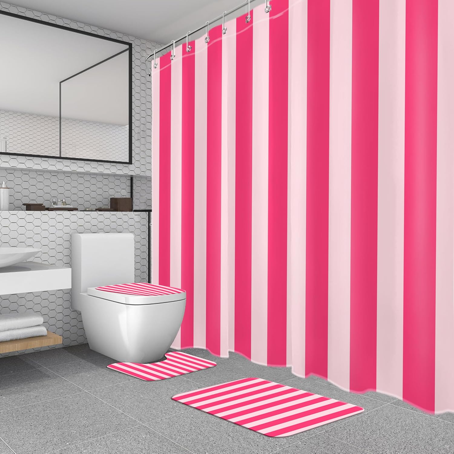 Condition photo showing Good Condition for 4 Pcs Hot Pink Striped Bathroom Sets with Shower Curtain and Rugs Abstract Geometric Textured Modern Minimalist Shower Curtain with Bathroom Carpet and Bath Mat Toilet Seat, 72x72 Inches