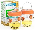 2 Pack Wasp Traps Outdoor Hanging, Solar Powered Carpenter Bee Traps for Outside with Rubber Whiskers and LED Light, Yellow Jacket Trap for Orchard, Farm, Garden, Patio, Yard, Clear Orange
