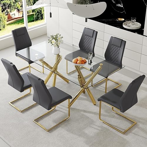 Miniatura 10 de Ebullient Moderno juego de mesa de comedor para 6, mesa de comedor de cristal de 71 pulgadas y patas de mesa de metal dorado, mesas de comedor Mesa