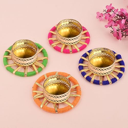 Miniatura 4 de SATVIK - 4 piezas redondas de chakras de metal Dia Festive Diwali Pooja Pujan Portavelas de té Lámpara de aceite para el hogar Mandir Oficina