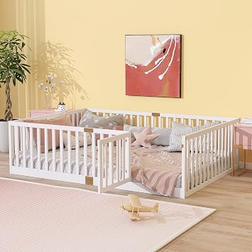 Bellemave Full Size Montessori Floor Bed with 21.5" High Rails, Rubber Wood Floor Bed with Slats and Door, White