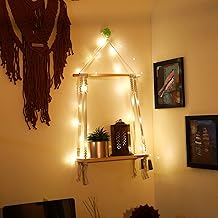 Macrame Wall Hanging Shelf with Lights | Wood Floating Home Décor Shelves | Space-Saving and Decorative - White