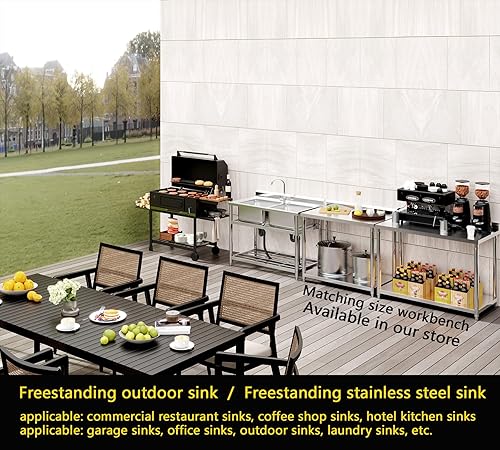 Miniatura 7 de Fregadero independiente de acero inoxidable, fregadero de restaurante comercial, fregadero grande de doble tazón, fregadero al aire libre, para