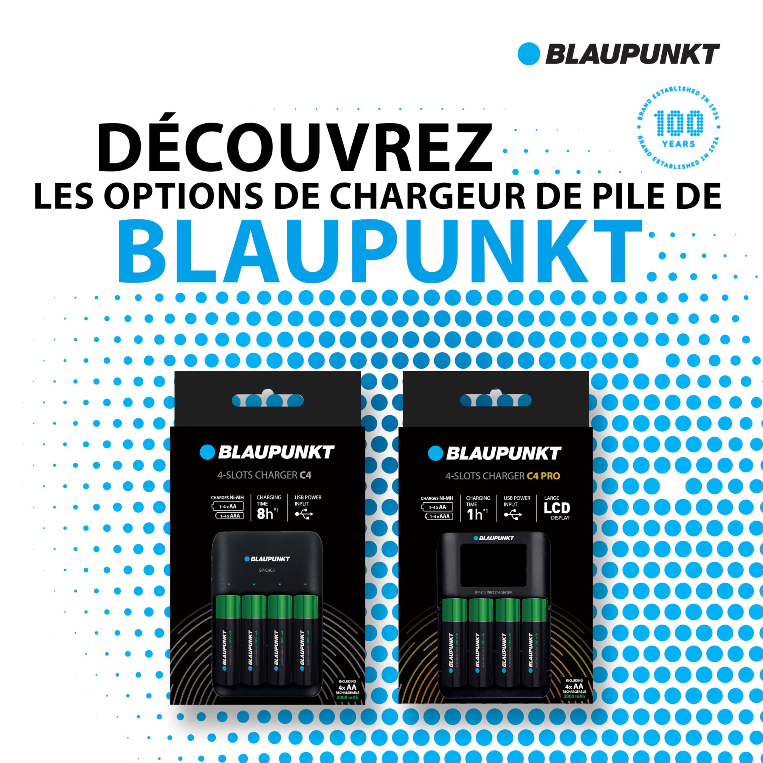 Blaupunkt Chargeur de Piles USB, pour 1-4 Piles Rechargeables AA,AAA, Rapide: 1h de Temps de Charge, 4 Blaupunkt Piles AA incluises 2000 mah