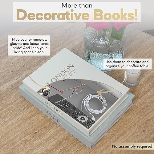 Miniatura 4 de Libros decorativos con almacenamiento  Juego de 2 cajas de libros de lino sintético con fundas estampadas doradas  Mejora tu mesa auxiliar,