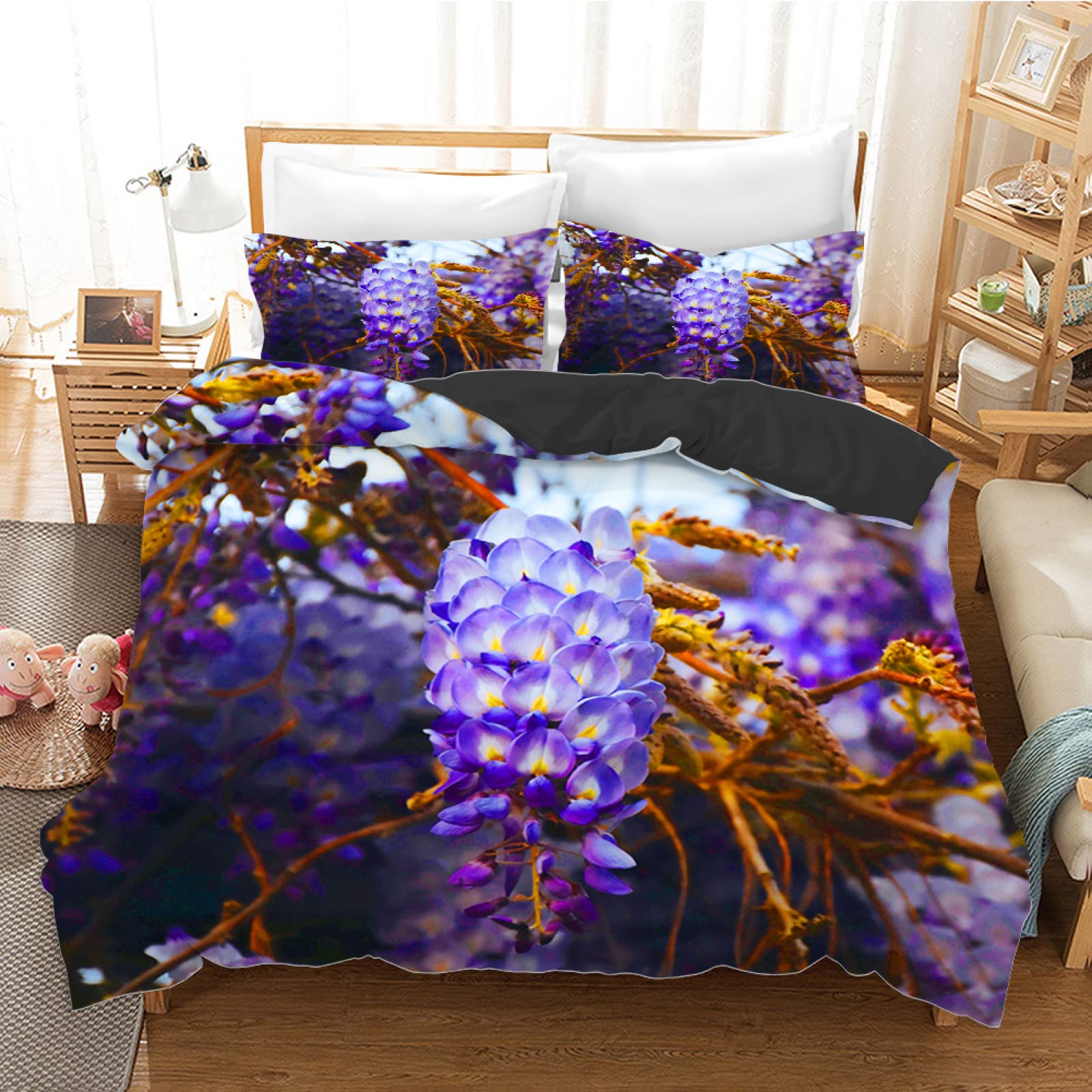 Housse de couette 140x200 tulipes violettes parure de lit microfibre avec taies d'oreiller