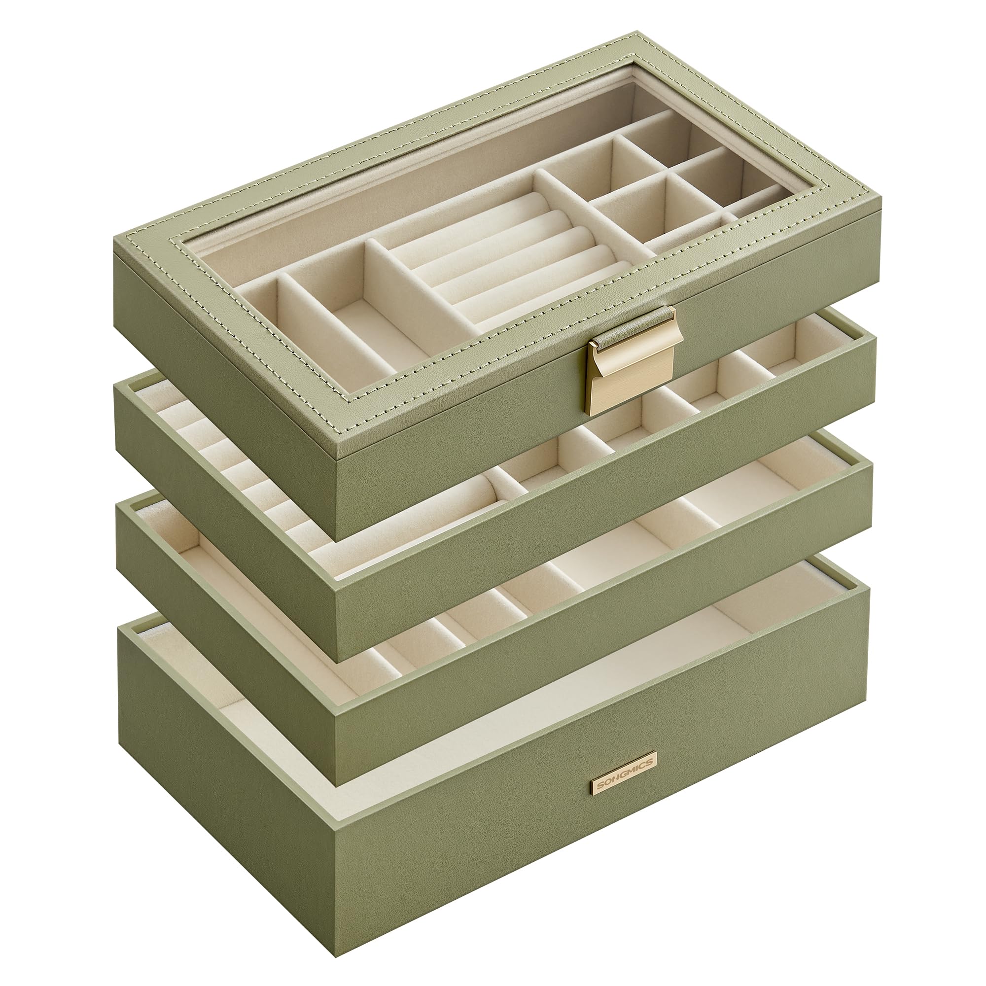 SONGMICS Colección GISELLA - Joyero Apilable, Caja de Joyas de 4 Capas Grande, Tapa de Cristal Transparente, para Cajón de Tocador, Idea de Regalo, Verde Laurel 17 x 28 x 18,3 cm JBC164C02