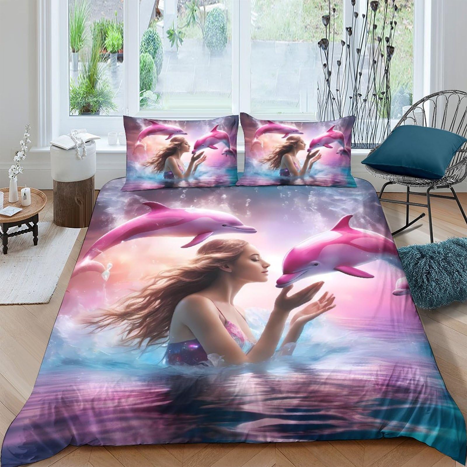 Ctjqhvkz Style-6 3D Printed Mermaid Dolphin Fitted Sheet Microfiber Soft Watercolor Ocean Bed Cover Non Slip For Bedroom Guestroom Single（135X200cm）
