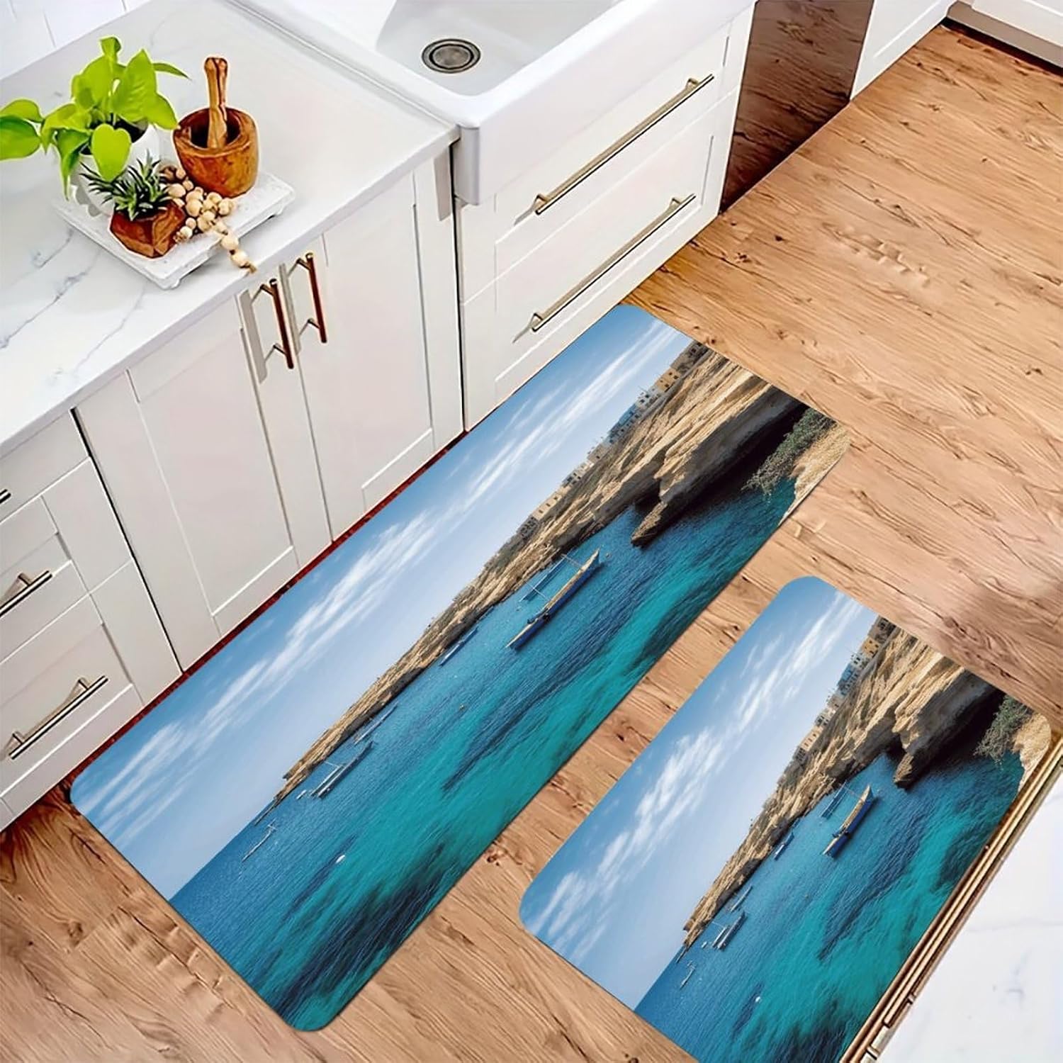 Coastal of Malta Kitchen Mat Washable Non Slip Rugs Soft Kitchen Mats for Floor Set of 2 PCS Cushioned Absorbent Runner Standing Rugs for Home Sink Laundry Office