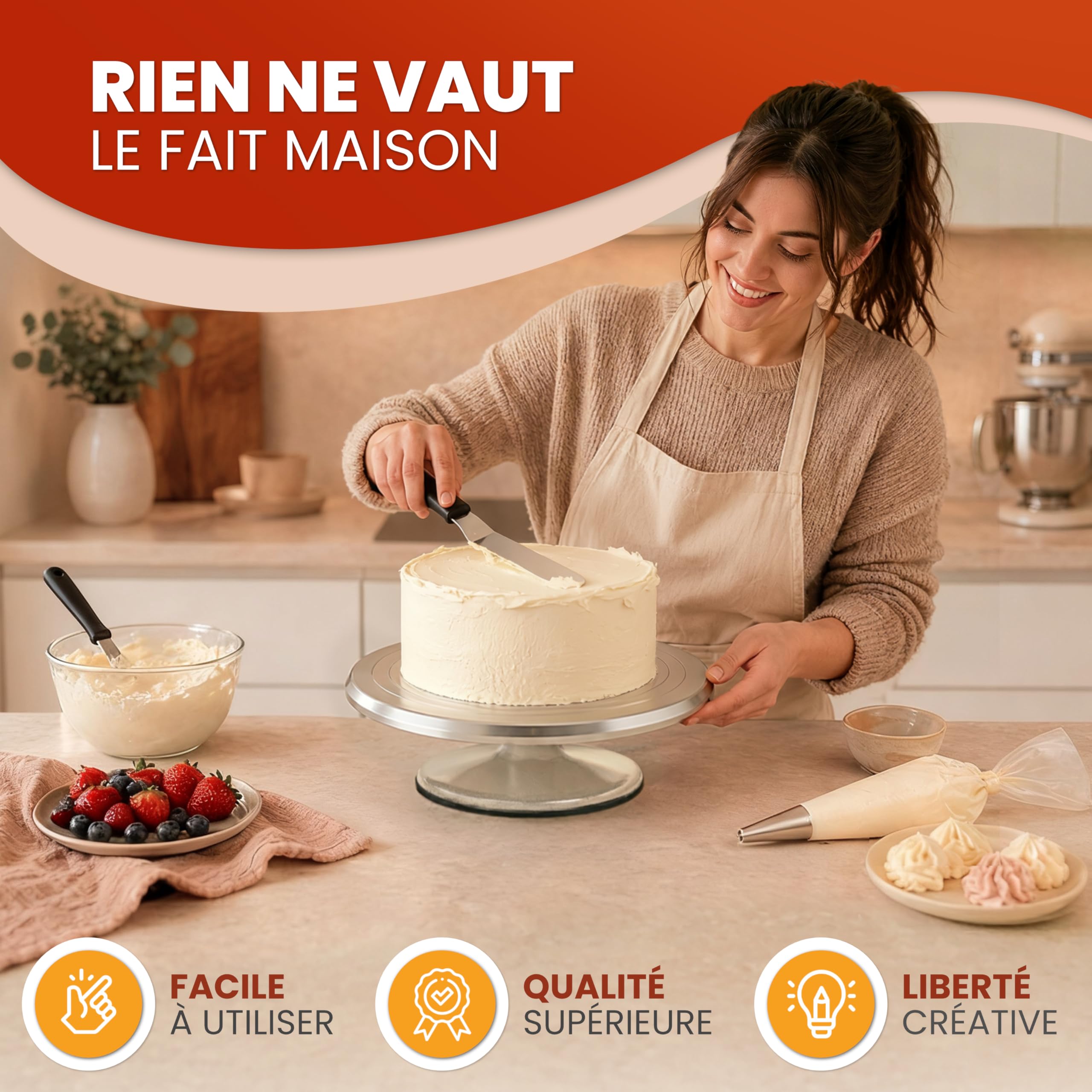 Plateau tournant pâtisserie en aluminium de qualité | Plateau tournant gâteau 30 cm avec fond antidérapant | Précis et stable | Ustensiles pâtisserie professionnels