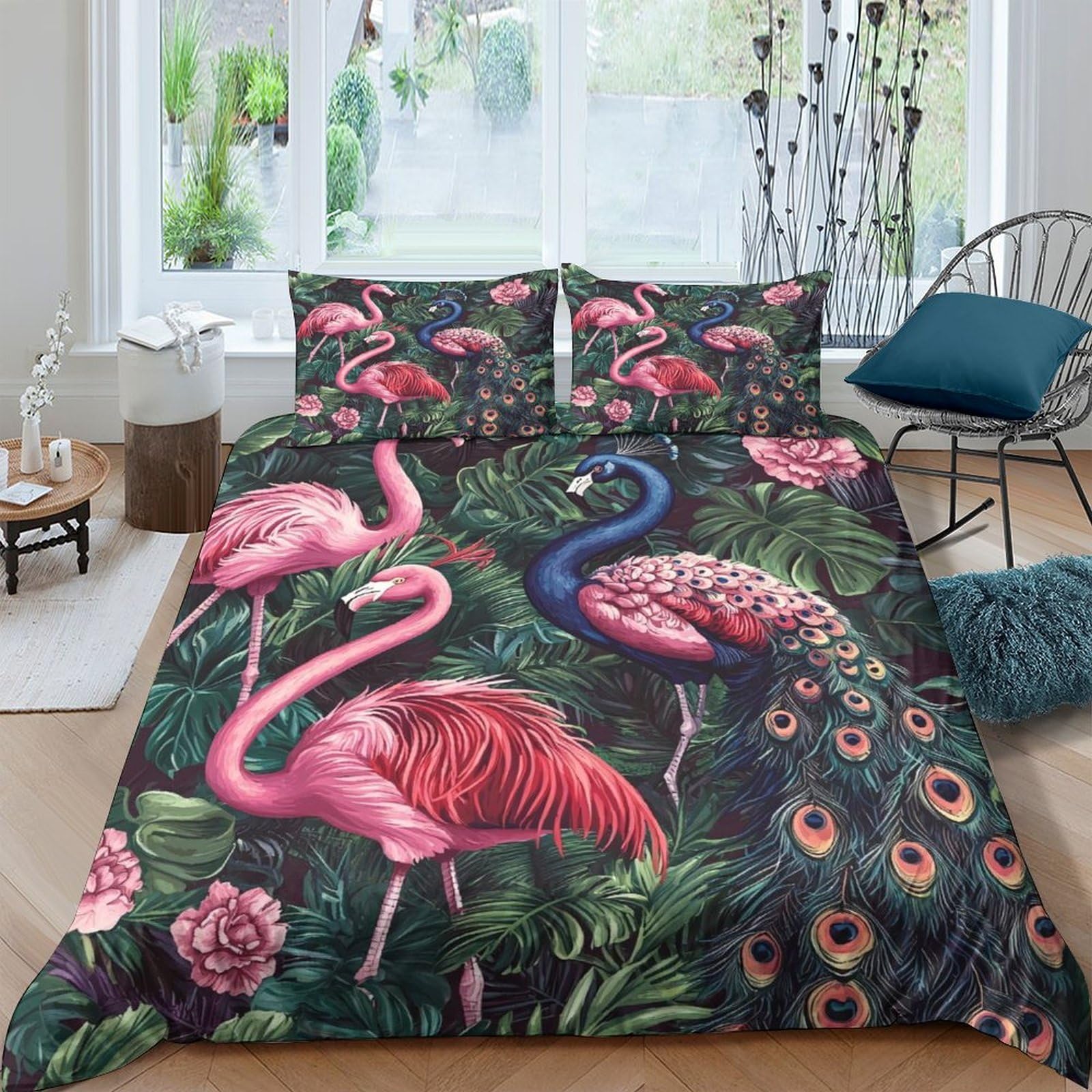GPLZQXKJNH 3D Printed Flamingo Tropical Duvet Cover Microfiber Soft Breathable Peacock Bedding Set with 2 Pillowcases for Bedroom Decor Single（135x200cm）