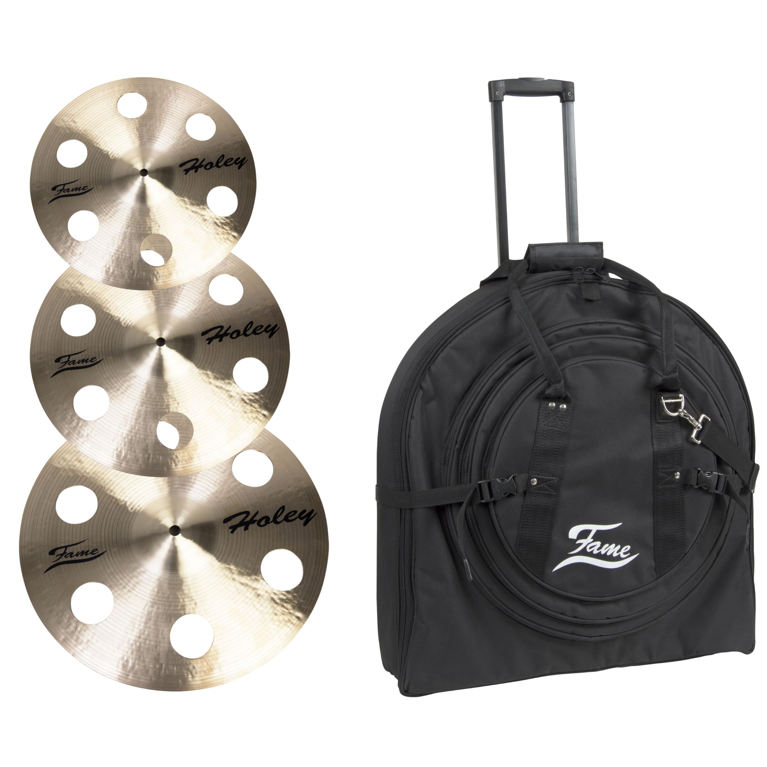 Fame B20 Crash Becken-Set, 14, 16, 18 Zoll, Traditional Finish, B20 Bronze, Handgehämmert, Medium Stärke, inklusive Beckentasche und Practice Pad