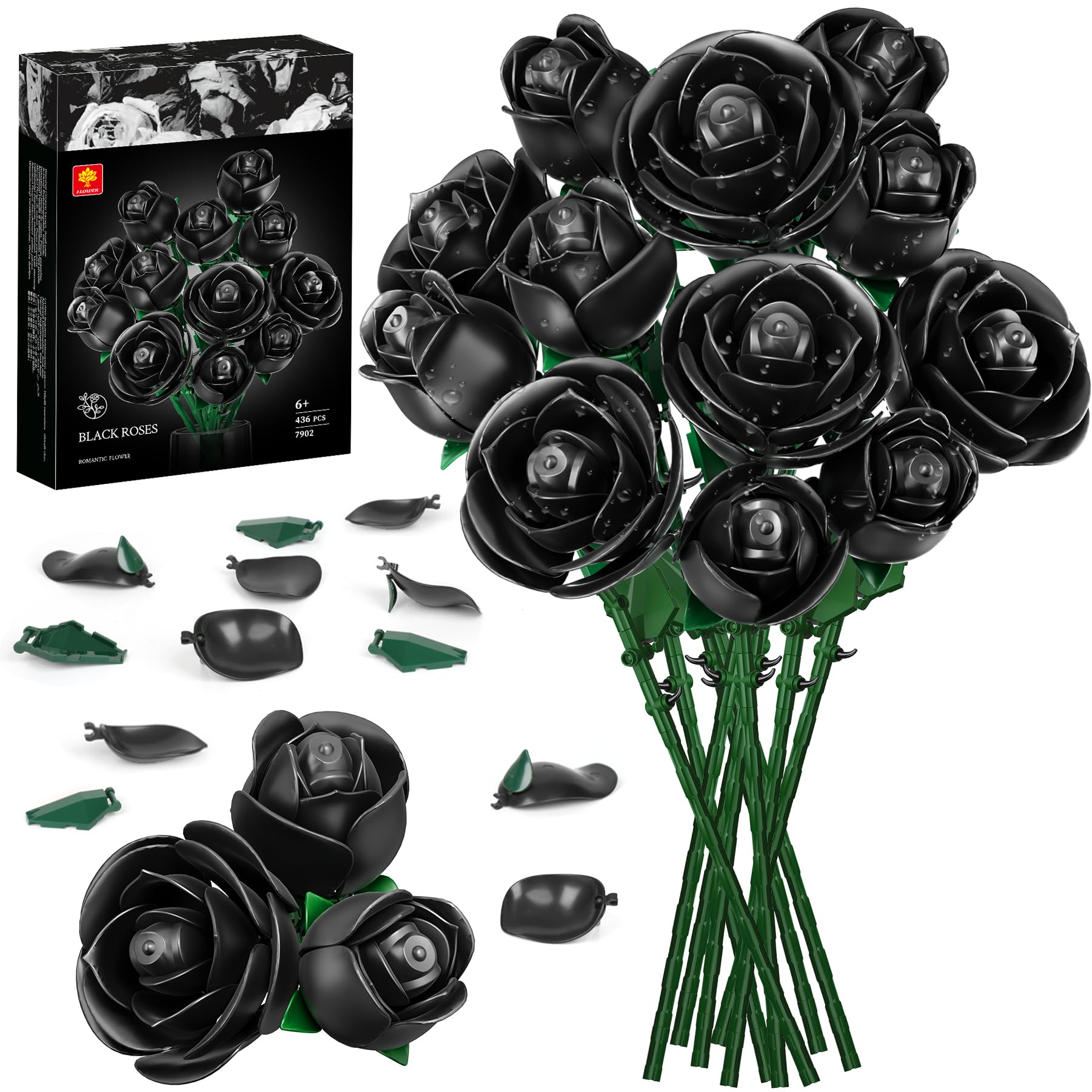 INRATELL Black Roses Flowers Building Set, 12 PCS Botanical Bouquet Artificial Flowers Kit for Adults, Teens, Birthdays Gifts for Dark Aesthetic Lovers, Ideal Props for Gothic Decor Enthusiasts