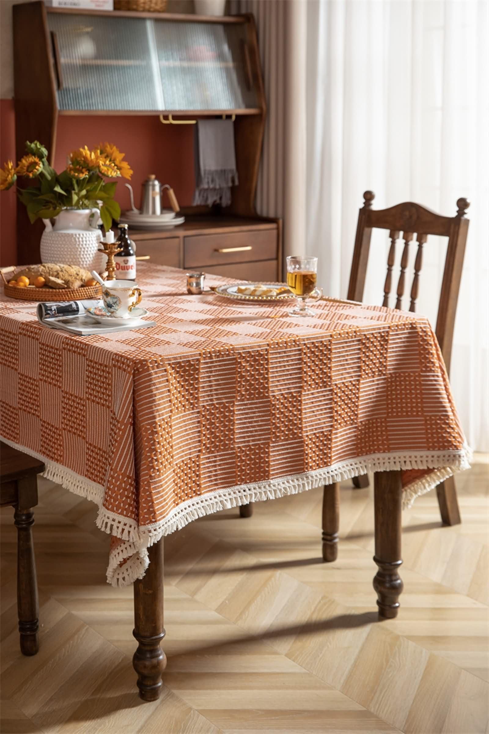Mantel Lavable Rectangular Naranja Exterior, Bordado de Geométrico con Borlas, de Poliéster Fácil de Limpiar, 140 x 300 cm, Mantel para Mesa de Centro
