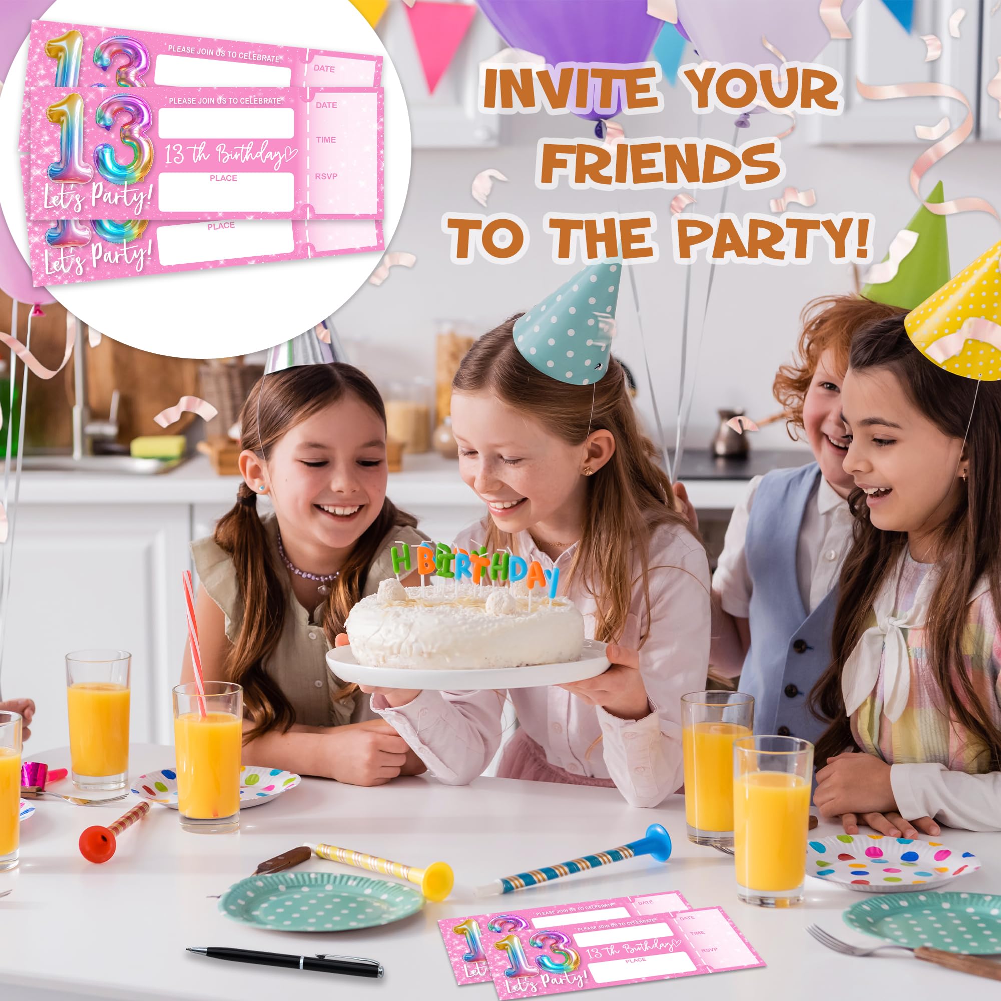Eronm Invitaciones rosas de cumpleaños número 13, invitaciones de cumpleaños de boletos de 3 x 8 pulgadas, 20 tarjetas de invitación de doble cara con sobres, recuerdos de fiesta y suministros, globo