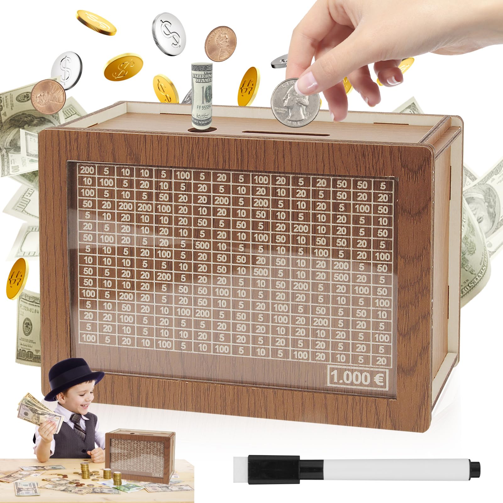 Tirelire En Bois Avec Marqueur Pour Objectif €1000 - Tirelire Réutilisable Pour Enfants Et Adultes, Boîte D'Épargne Motivée