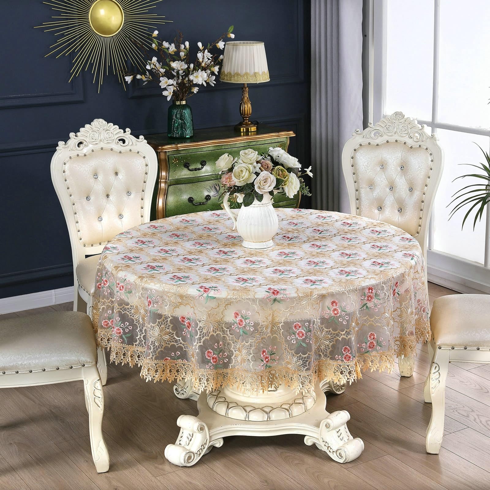 Tovaglia rotonda con fiori e foglie, in poliestere, 150 cm
