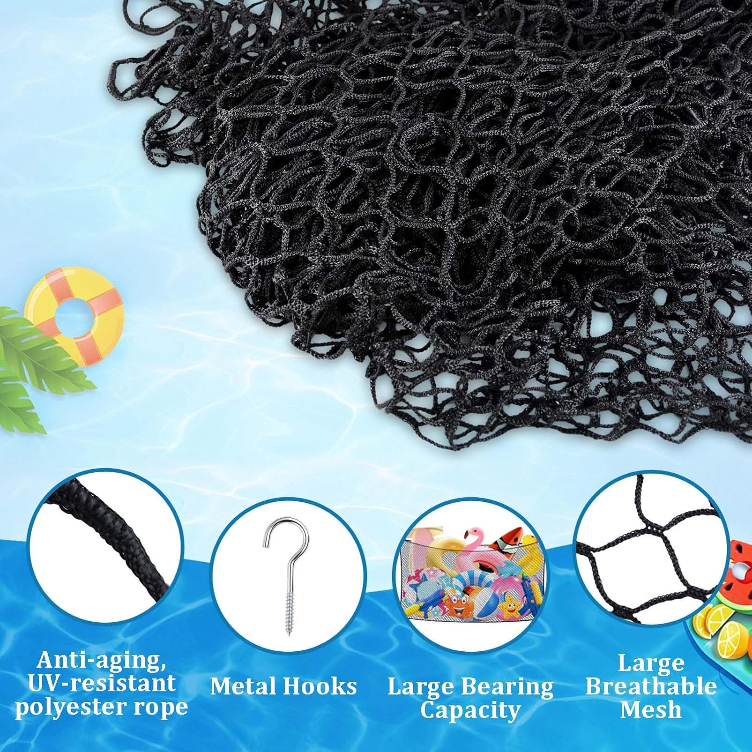 Extra Large Pool Toy Float Storage Net,79" X 47" Hanging Swimming Pool Toy Organizer with 20 Hooks Reinforced Mesh Net Poolside Fence Toys Net Holder for Inflatable Floats, Rafts, Balls, Pool Toys
