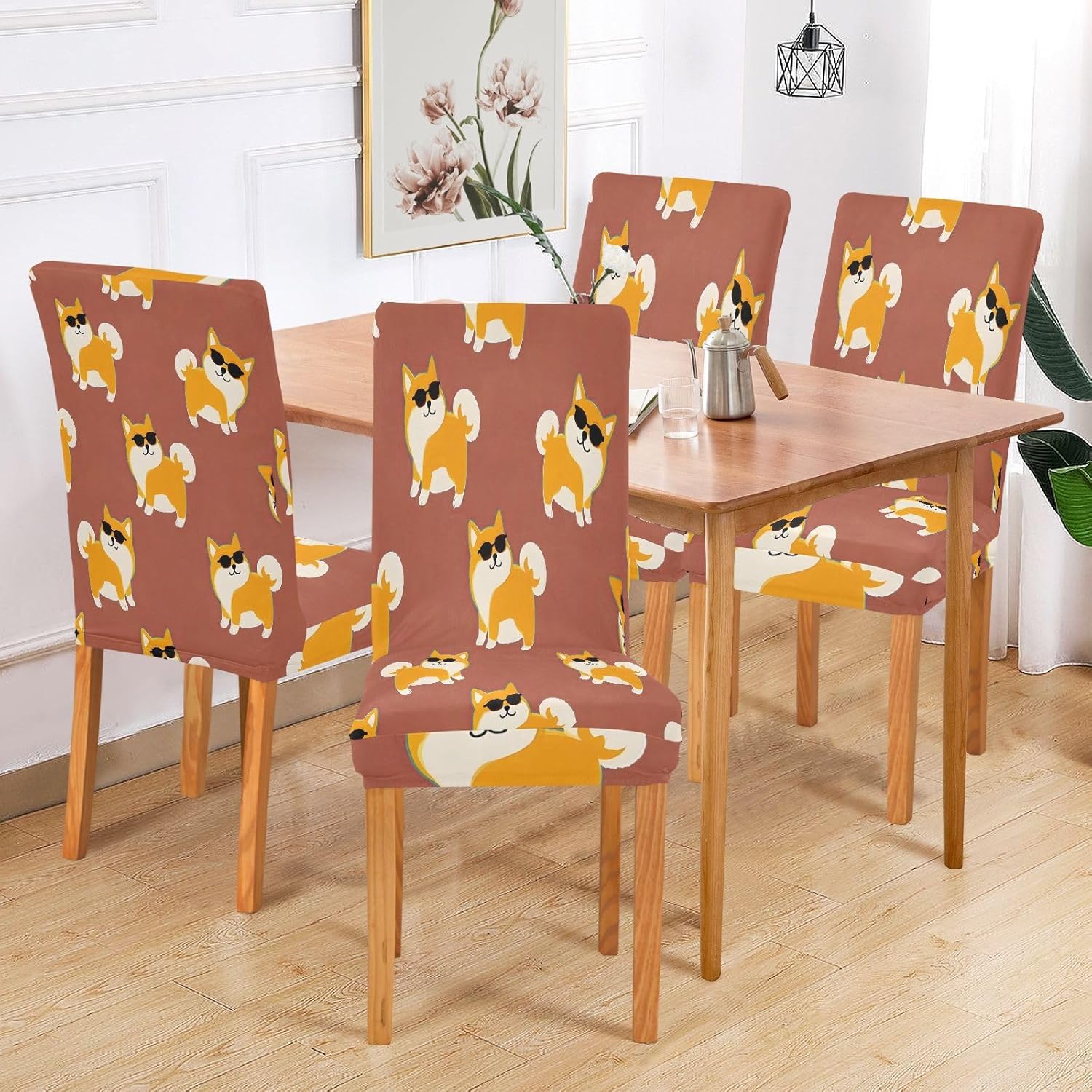 ALAZA Chair Covers for Dining Room, Corgi Sungalsses Pattern Stretch Chair Cover Sets Chair Protector Removable Washable for Ktichen Restaurant Hotel