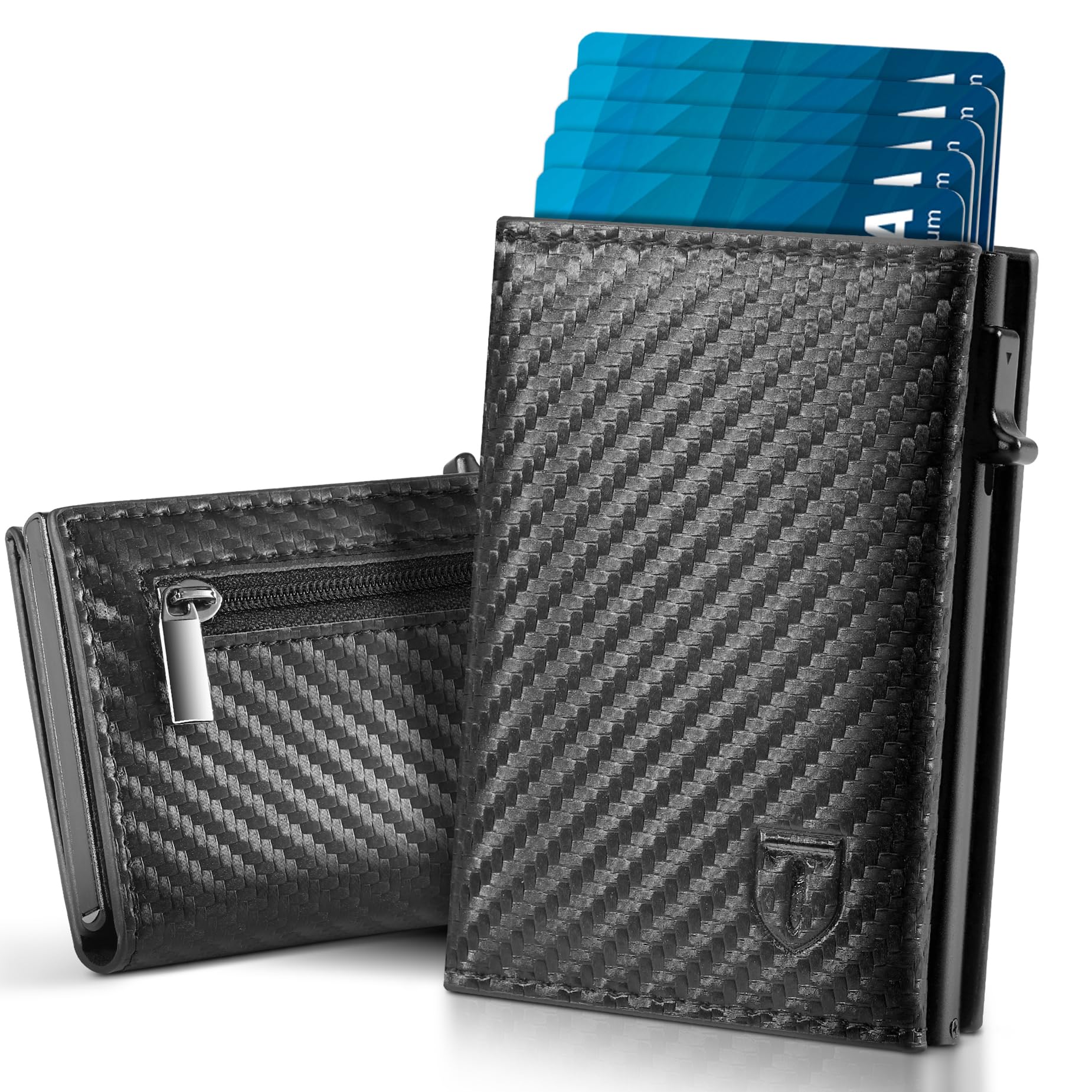 TENBST Portfel męski | Slim Wallet z kieszenią na monety i ochroną RFID | portfel męski | mini etui na karty | portfel i pudełko prezentowe | czarny karbonowy, czarny, 10 * 7 * 2cm, Casual