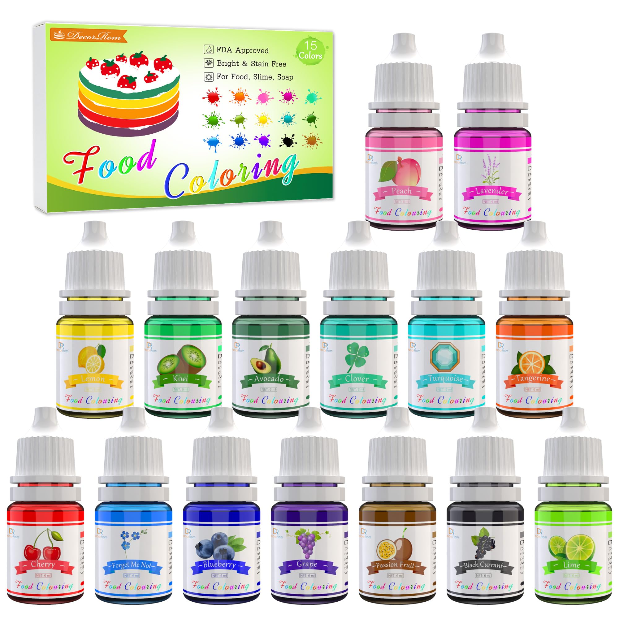 Lebensmittelfarbe - 15 Flüssige Lebensmittel Farben Set für Kuchen Backen, Kekse, Macaron - Hochkonzentrierte Food Coloring für Kuchendekoration, DIY Slime, Kunsthandwerk Einfärben - 6ml jeder