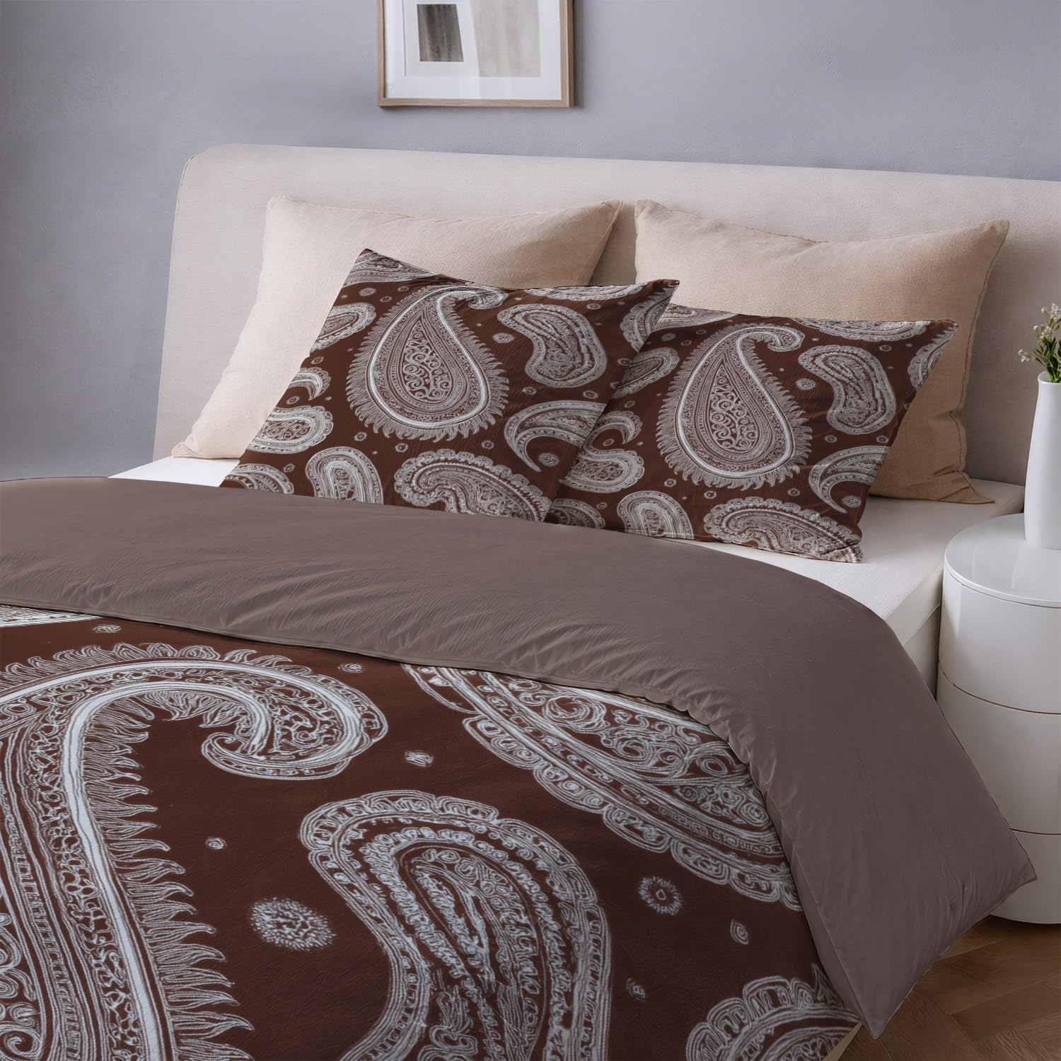 Generic Zestawy poszewek na kołdrę w rozmiarze king size, minimalistyczna, nowoczesna, delikatna pościel z wzorem paisley, brązowo-biała, dwustronna, oddychająca, hipoalergiczna, zestaw pościeli z