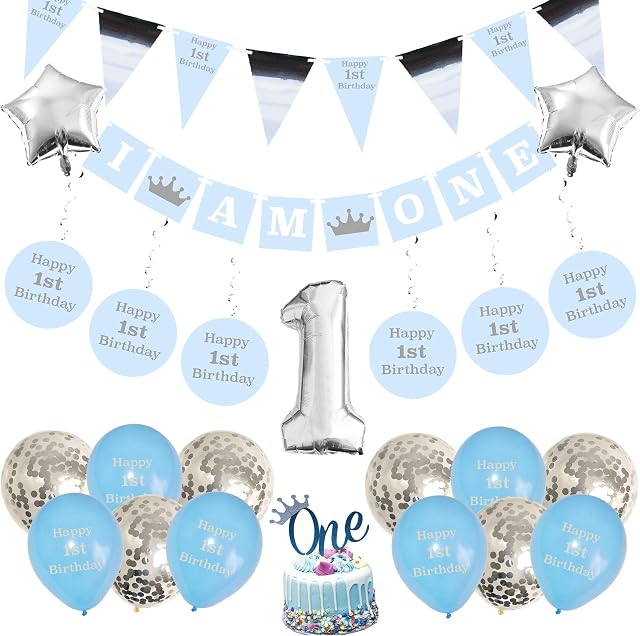 First Birthday Set for Baby Boys  Blue Decorations Kit for 1-Year-Old  Balloons, Banner, Bunting, Stars and Cake Topper  All-In-One Party Preparation Accessories for Kids