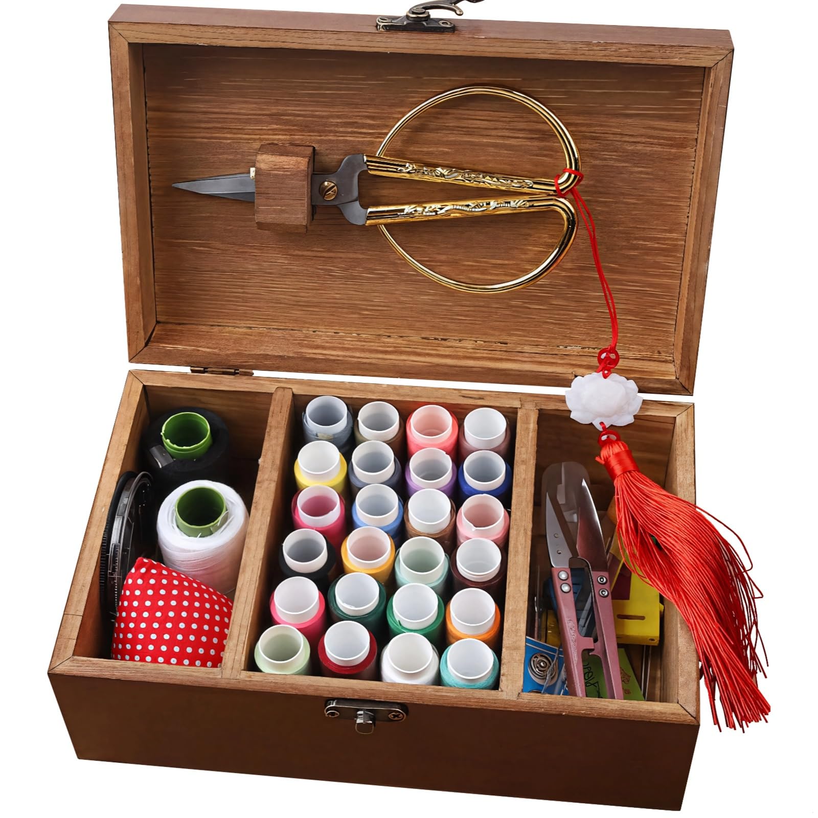 Kit completo de caja de costura de madera con accesorios, 24 hilos, herramientas esenciales