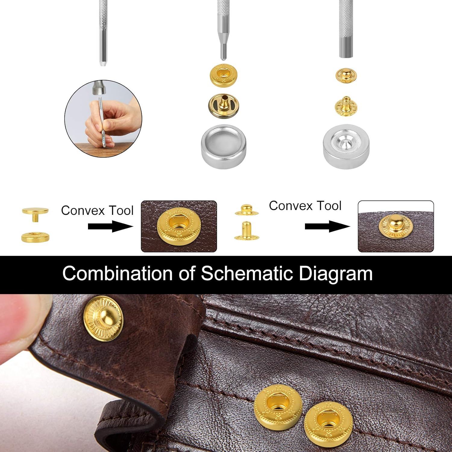 EEEKit 150 Set Snap Fasteners Kit for Leather, 0.49 inch Metal Button Snaps Press Studs with 4 Setter Tools, 6 Color Leather Snaps for Clothes, Jackets, Jeans Wears, Bracelets, Bags