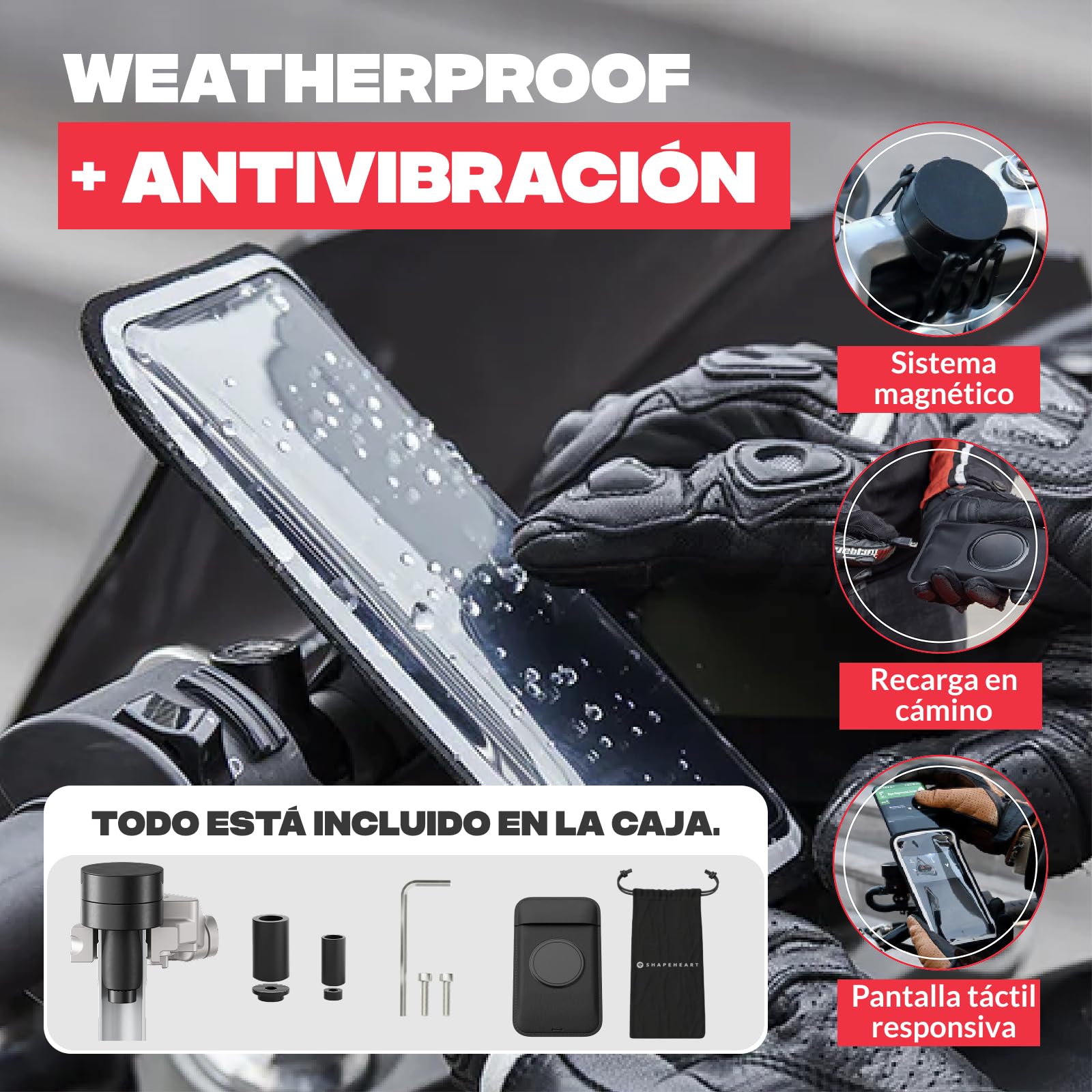 Shapeheart Soporte Móvil Moto Deportiva Semimanillar - GPS en el Eje Visual - Funda Impermeable Táctil XL - Tija de Dirección, Manillar de Semimanillares - Carcasa Lluvia Desmontable