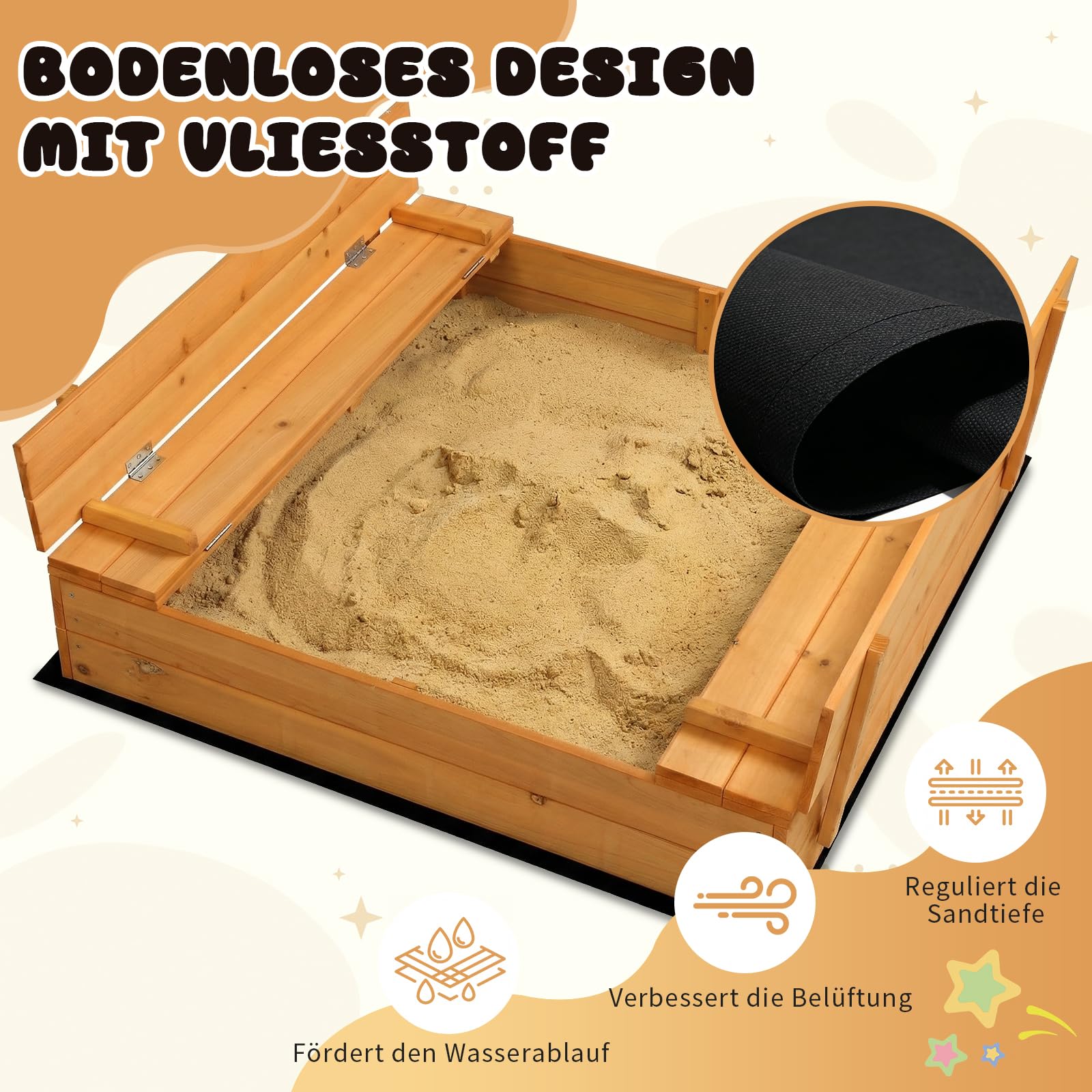 LEADZM Arenero de madera para niños con banco y cubierta, dimensiones 110 x 110 x 21 cm, gran caja de arena para exteriores, para jardín, playa y parque, para niños de 3 a 12 años