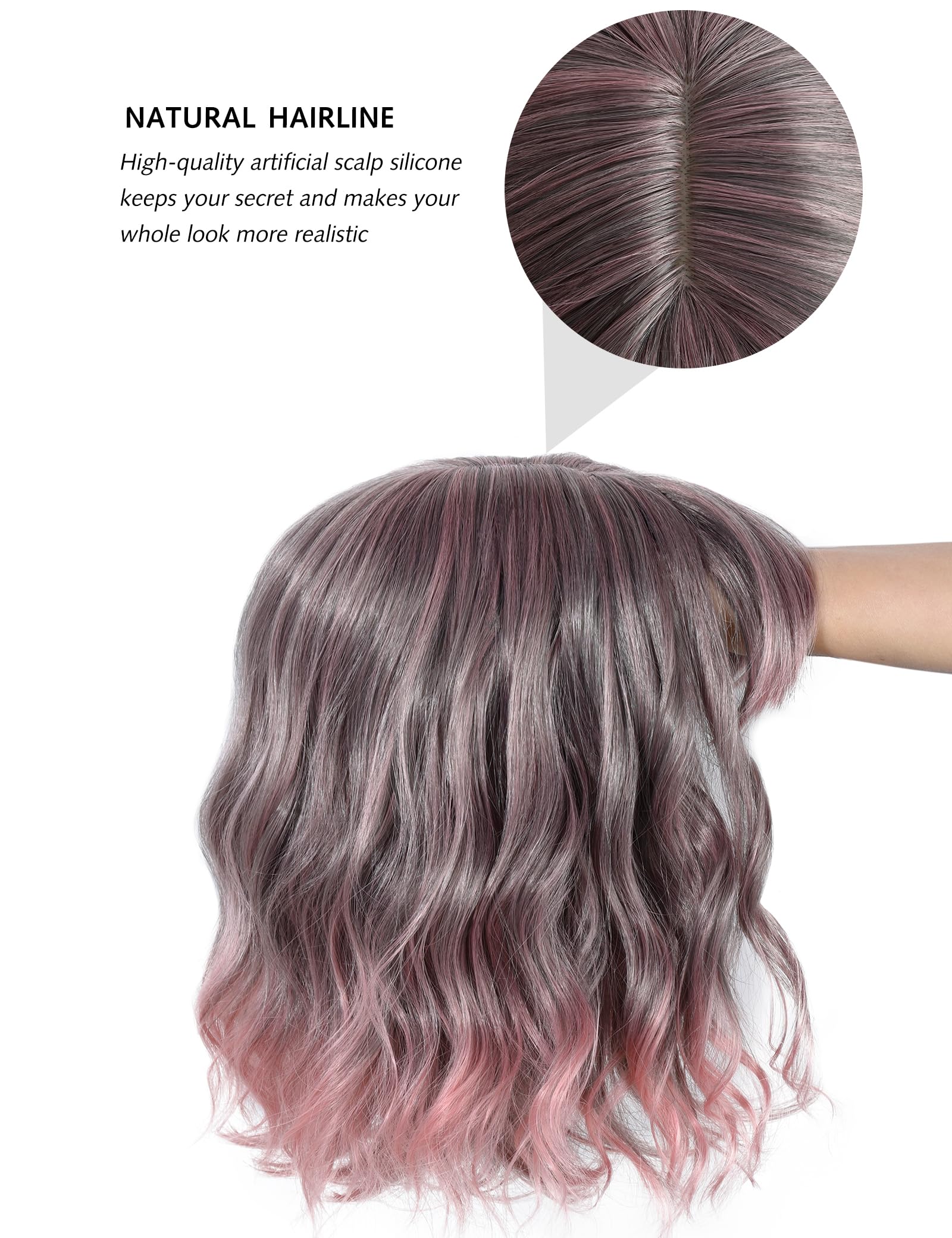 BUYOGET Wavy Bob Wig with Bangs Synthetic Hair Shoulder Length 12 Inch Short Curly Wigs for Women Natural Ombre Pink - Image 4