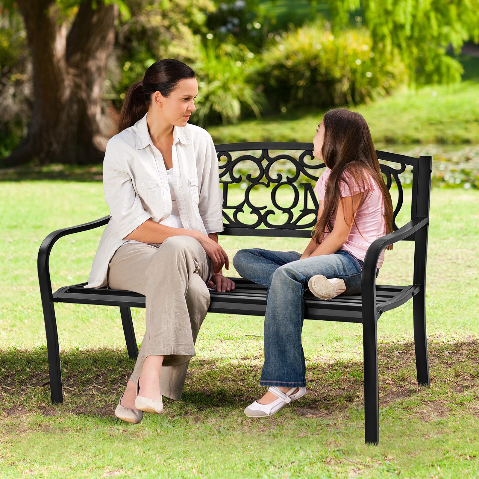 Banc De Jardin Extérieur - 126x60x85 Cm - Design Papillon Ajouré, En Fer - Pour 2 Personnes - Terrasse, Patio, Parc - Noir