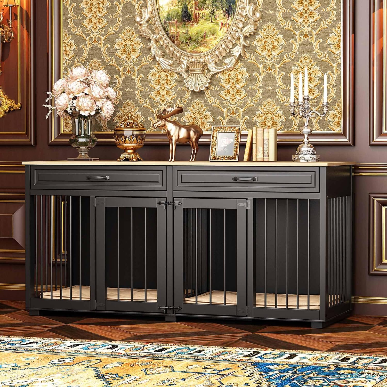 Dog Kennel Furniture, 64.6 Inch Heavy Duty Wooden Large Furniture Style Dog Crate with Drawers & Divider, Indoor Dog House TV Stand with Double Rooms for Medium Small Dogs, Black