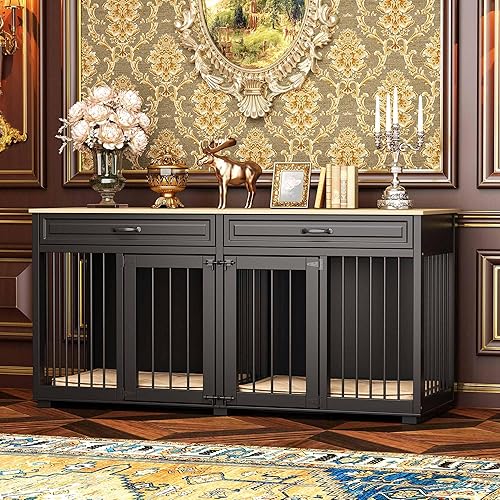 Miniatura 46 de Muebles grandes para perros, jaula de madera resistente para perros de 72 pulgadas con habitaciones dobles, 2 cajones y un divisor para razas