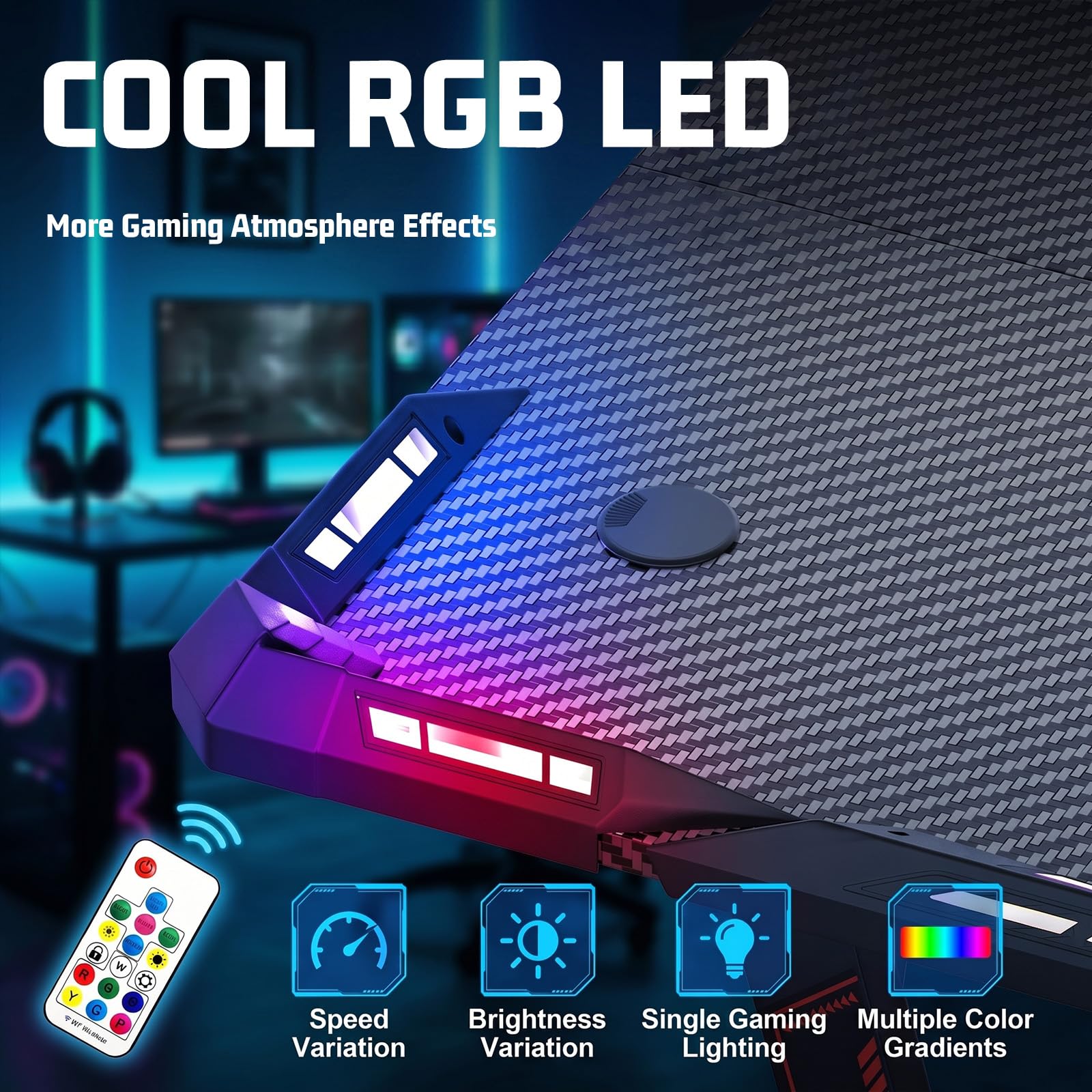 120 x 60 cm Gaming Tisch mit LED Desk mit Kopfhörerhaken und Getränkehalter | PC Tisch Gaming mit Kohlefaseroberfläche, Z-Form Gamer Schreibtisch Stabiler Computertisch für Gaming Home Office, Schwarz