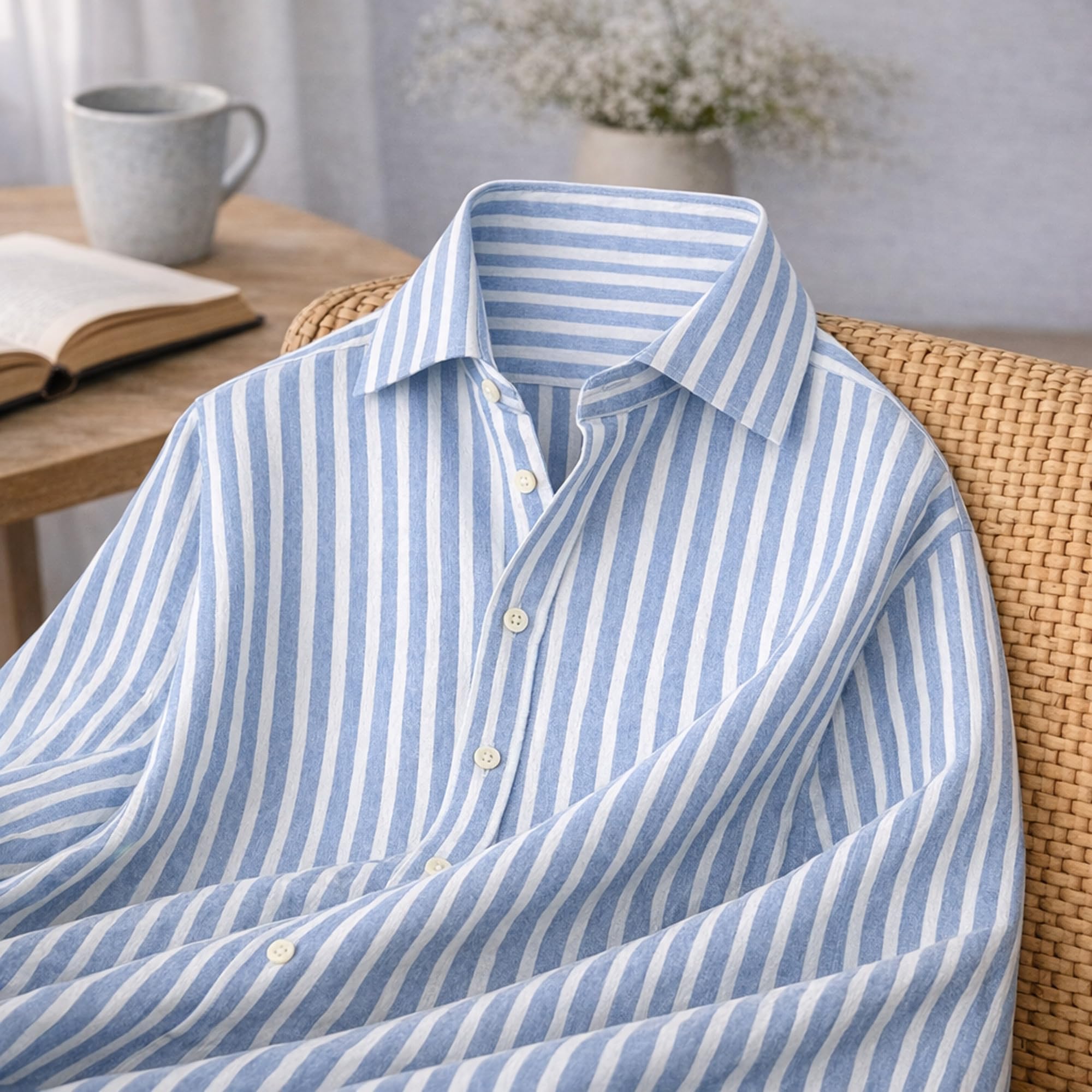 Camisa de Rayas para Hombre, 100% Lino, Manga Larga, Ajuste Regular/Slim Fit, Estilo Casual y Elegante, Transpirable para Verano.