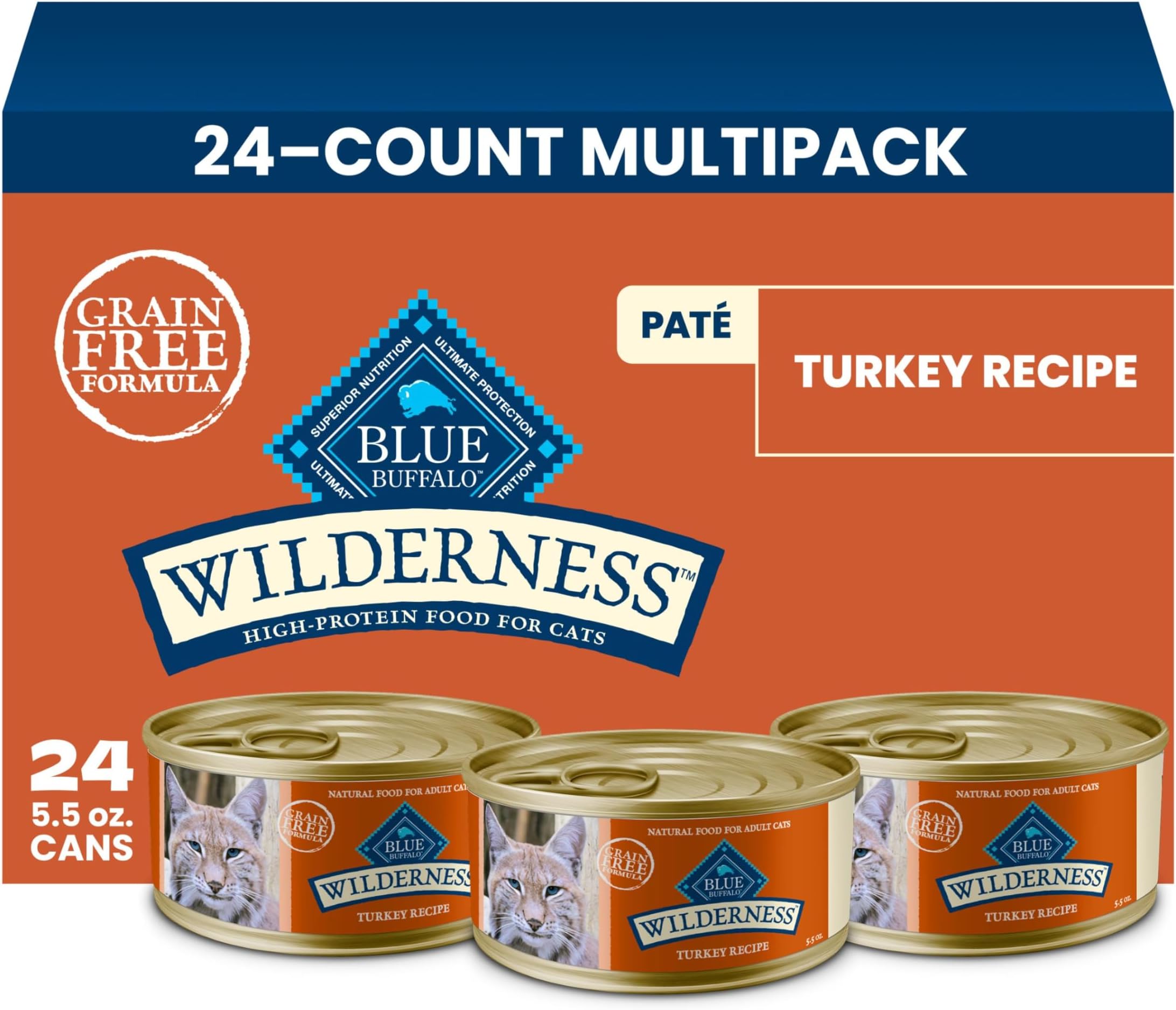 Blue Buffalo Wilderness Turkey Paté Adult Wet Cat Food, High-Protein & Grain-Free Recipe Enhanced with Vitamins, Minerals, and Other Nutrients, 5.5-oz. Cans (24 Count)